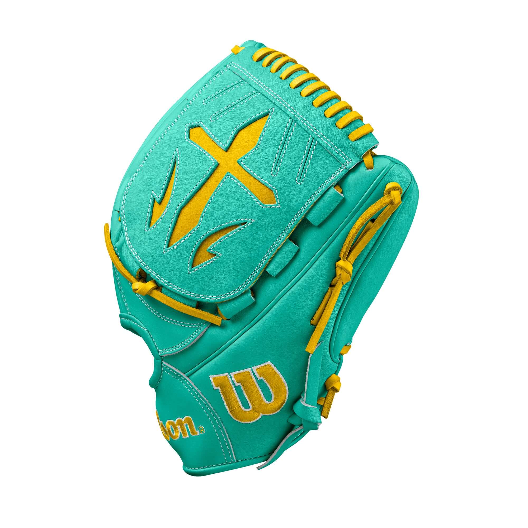 Wilson Fall 2024 A2000 B23 LHT 12" pitcher's baseball glove in teal and yellow design.
