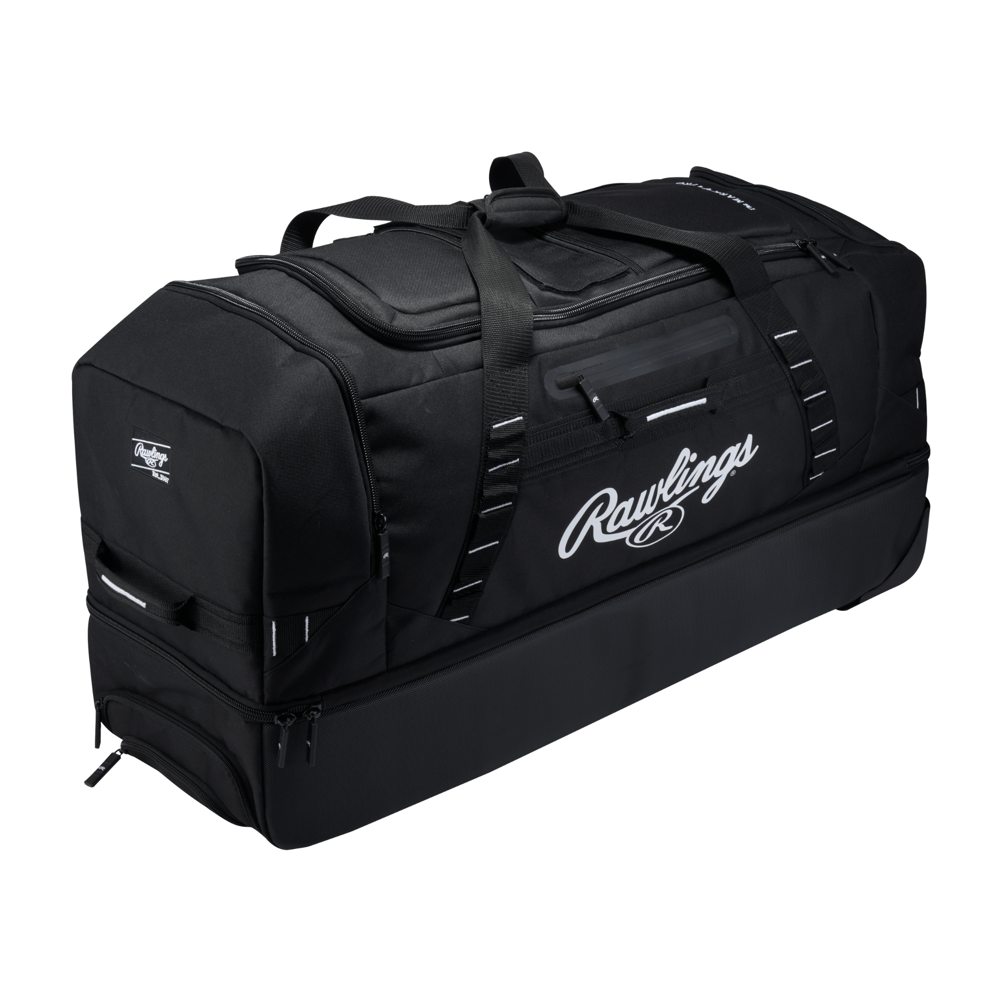 Side view of black Rawlings Yadi2 Luggage Wheeled Equipment Bag with visible logo and multiple compartments.