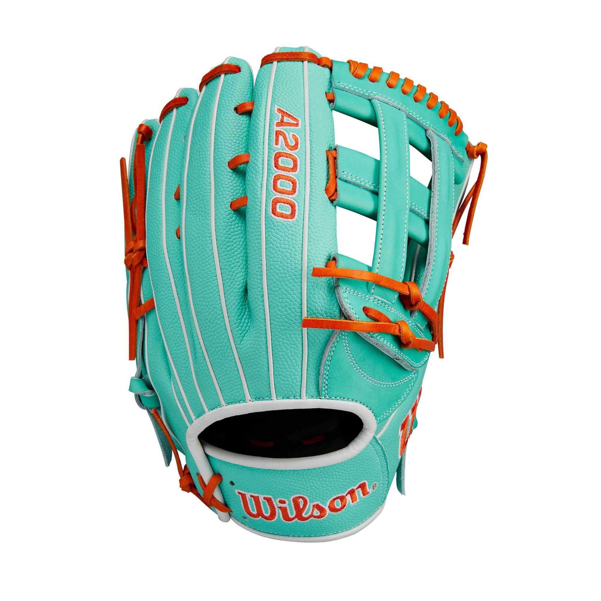 Wilson A2000 1777 12.75" glove in seafoam and orange, featuring Pro Stock leather and Dual Post Web design.