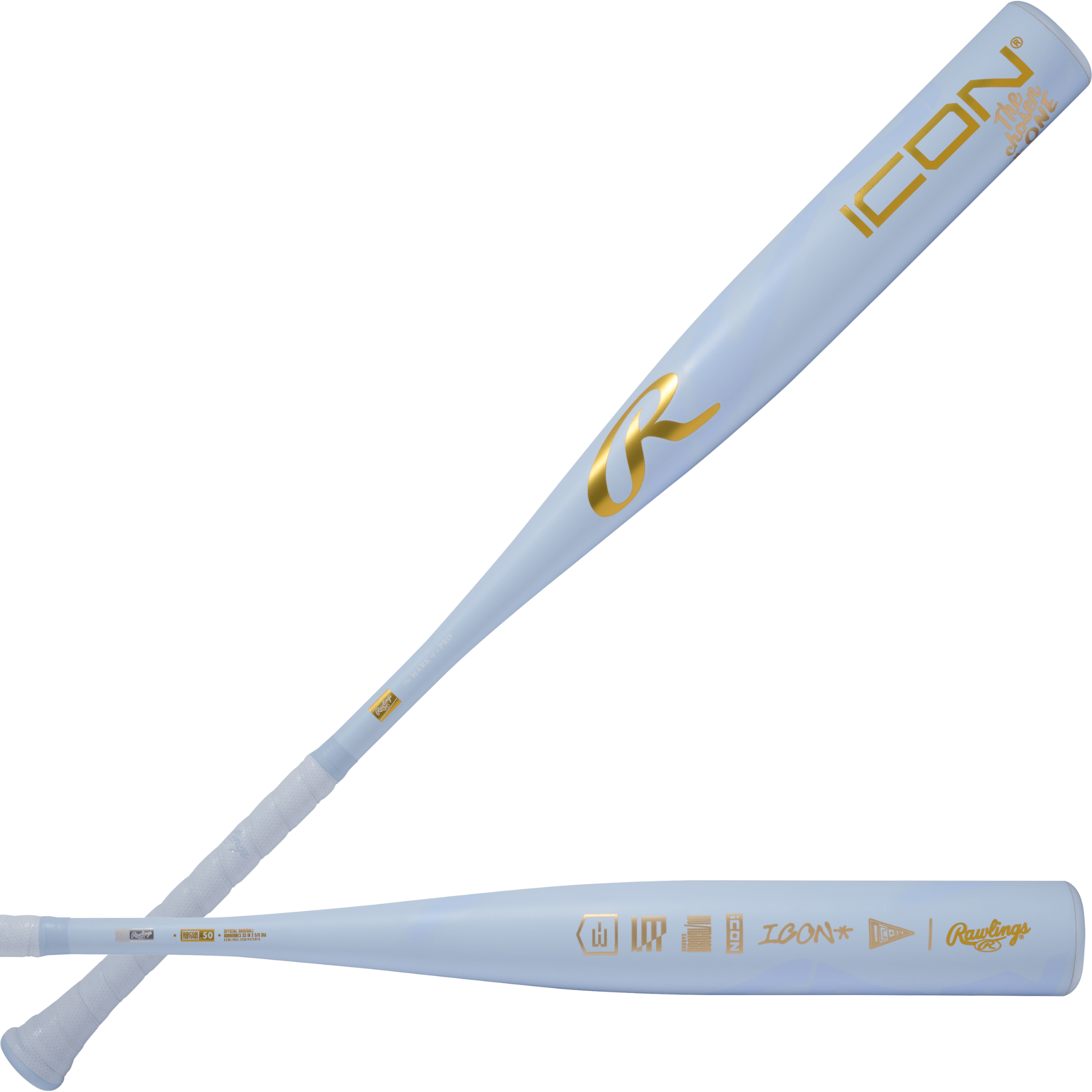2026 Rawlings Icon The Chosen One (-3) BBCOR Baseball Bat side profile, white and gold design, logo and certification marks visible.