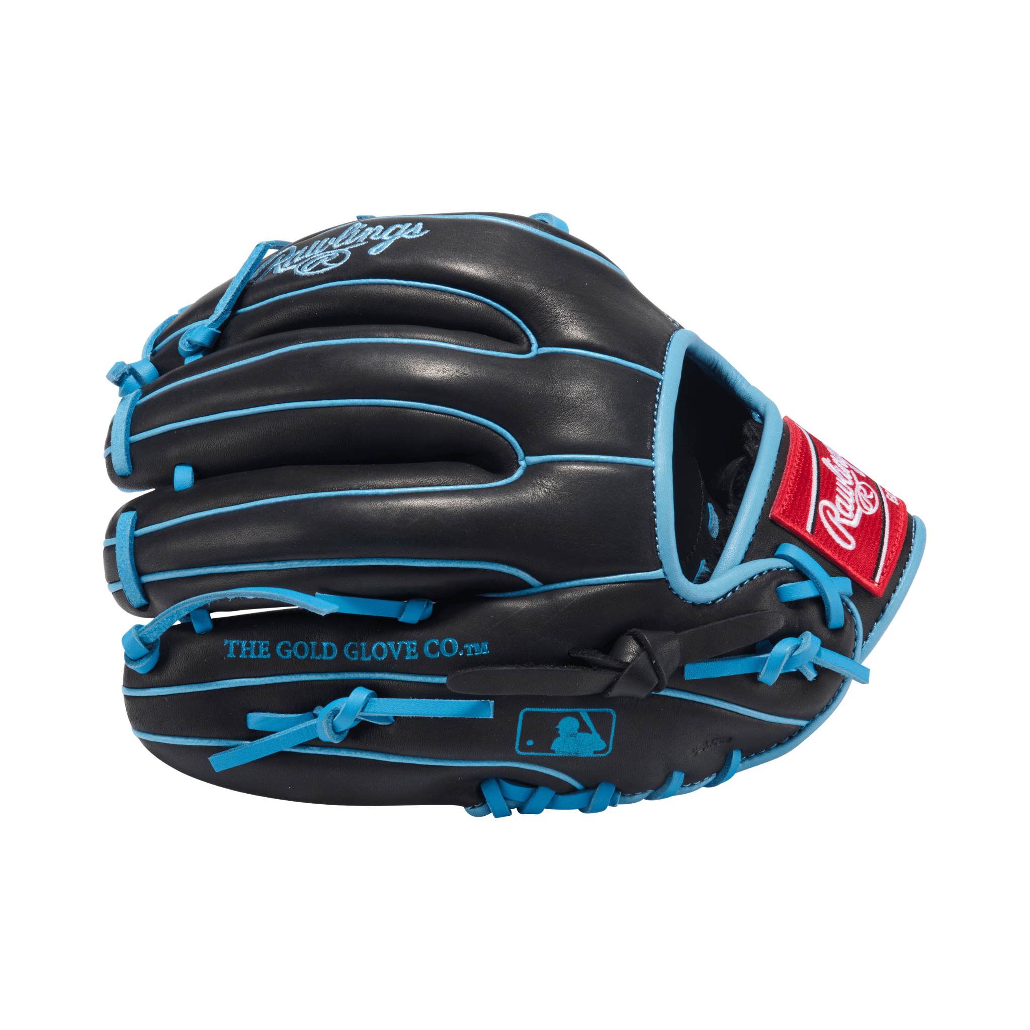 Rawlings R9 Baseball Glove 11.5" in Black and Columbia Blue for right-handed players, ideal for infield positions.