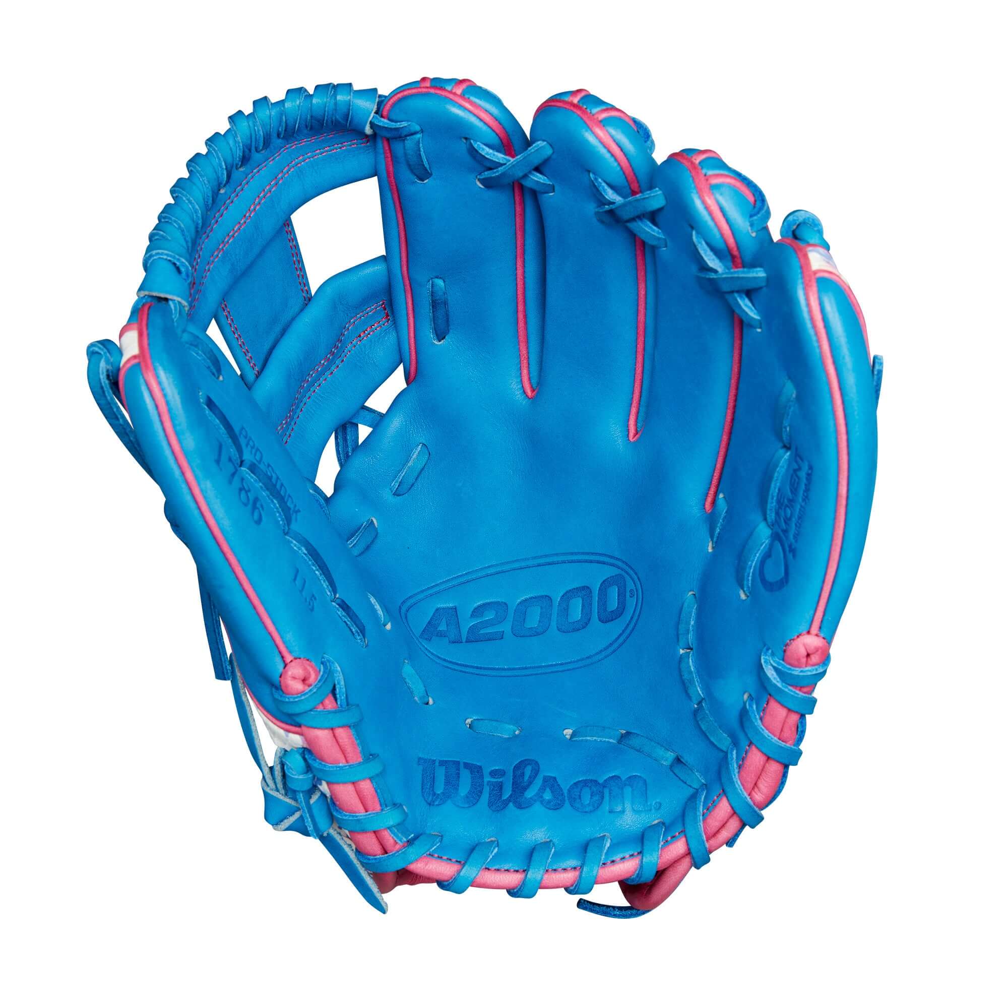 Wilson A2000 1786 infield baseball glove, 11.5”, Autism Speaks design with blue and pink accents.