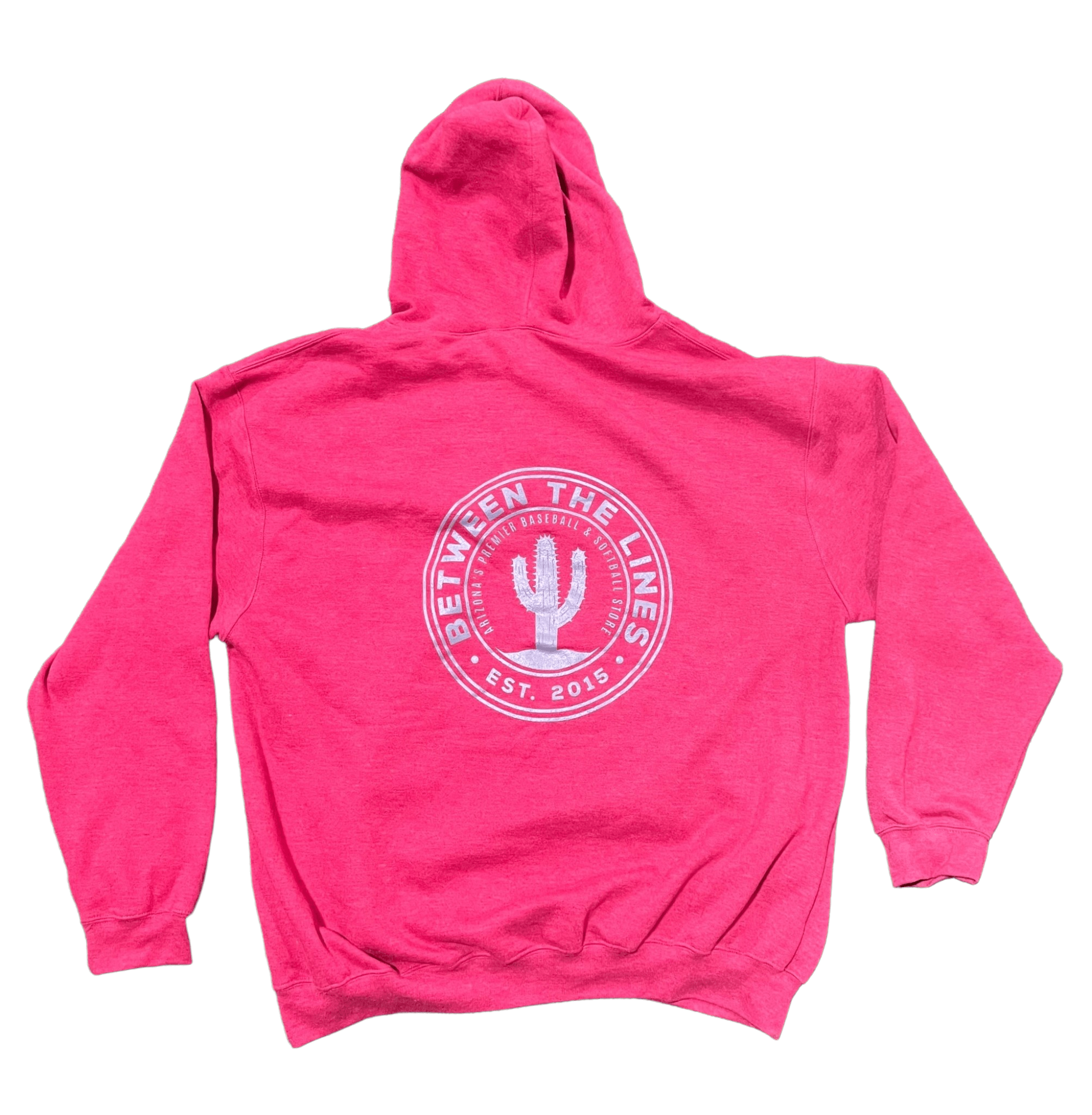 Back view of the pink Between The Lines Cactus Hoodie featuring a circular cactus logo and established date 2015.