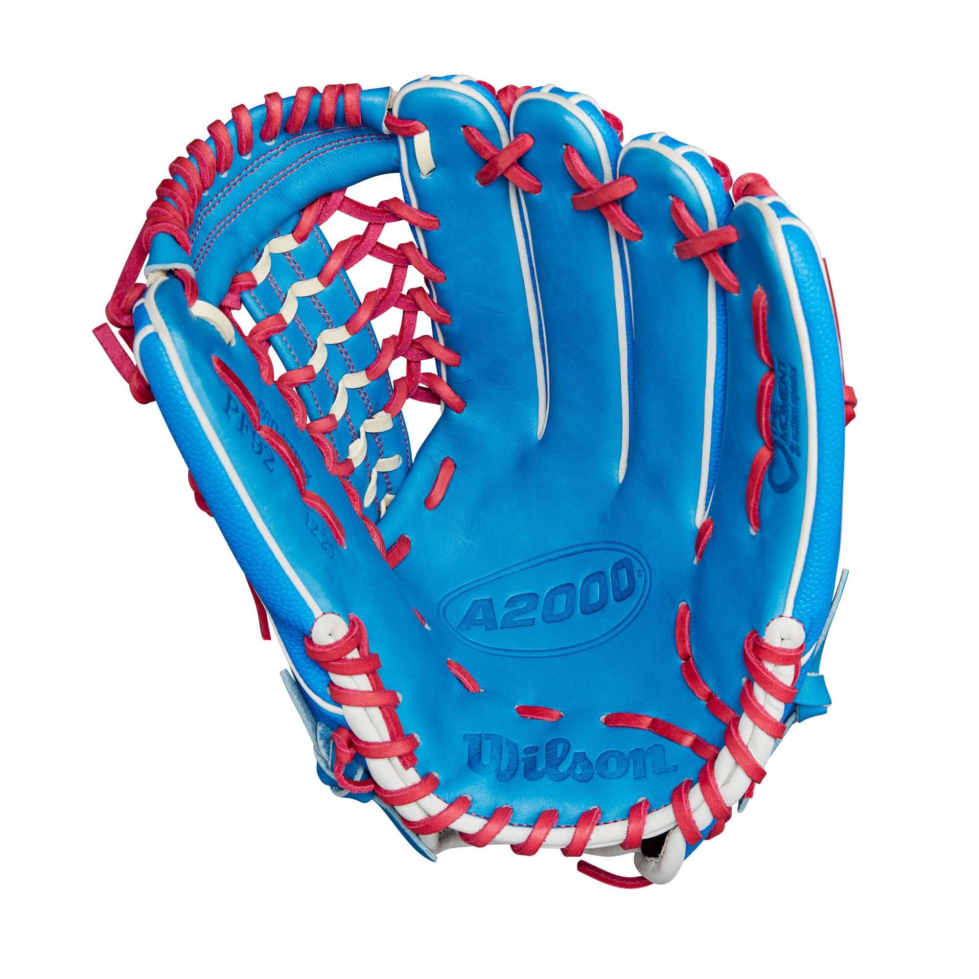 Wilson A2000 PF92SS Autism Speaks outfield baseball glove in blue and red with 12.25” size for smaller hands.