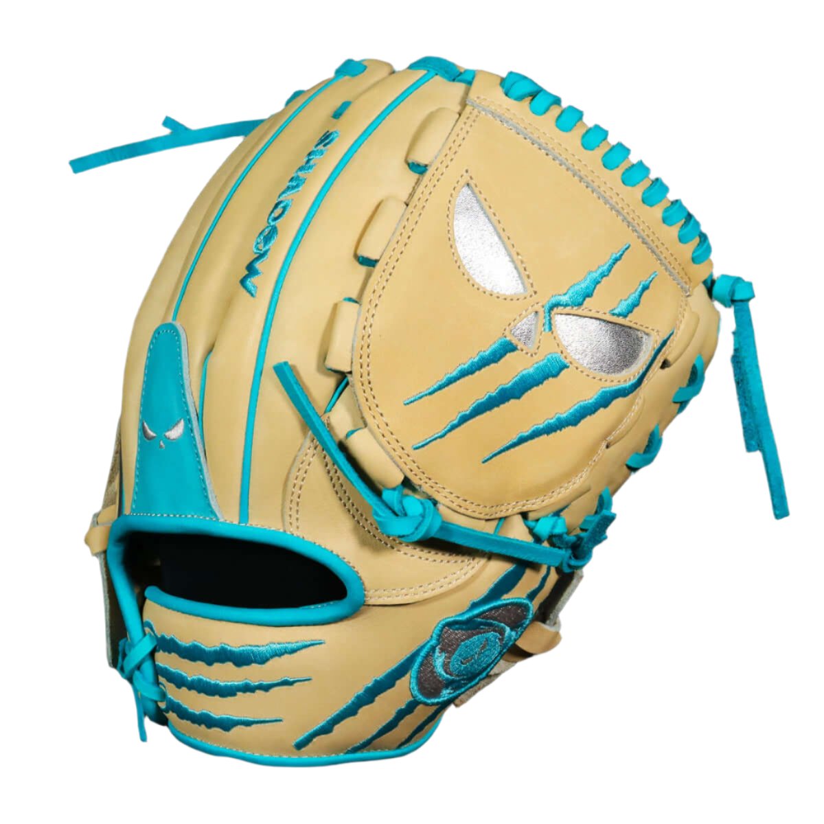 Shadow 12 Sub Zero 12" LHT pitcher's glove in blonde Japanese Kip Leather with blue accents and fierce design.