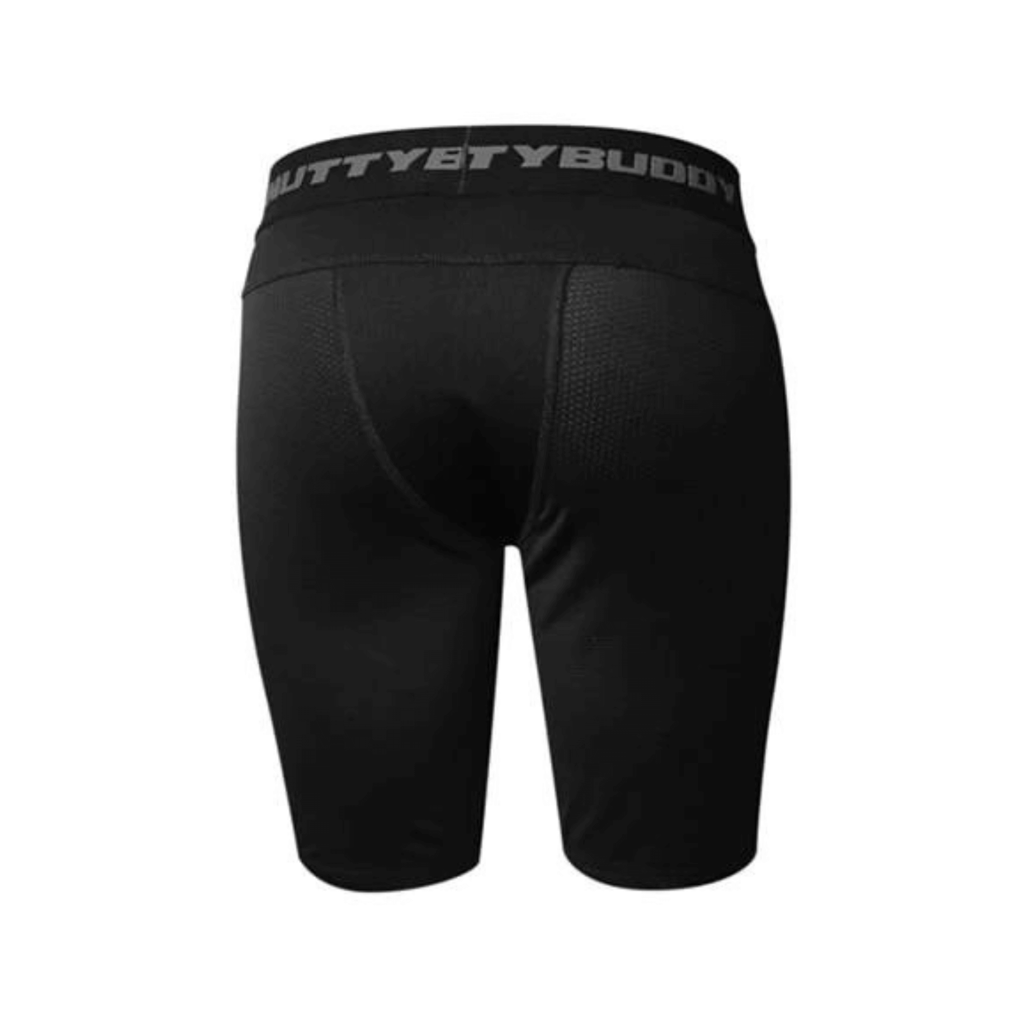 NuttyBuddy Black Compression Shorts showcasing rear view with supportive ribbed design for comfort and protection.
