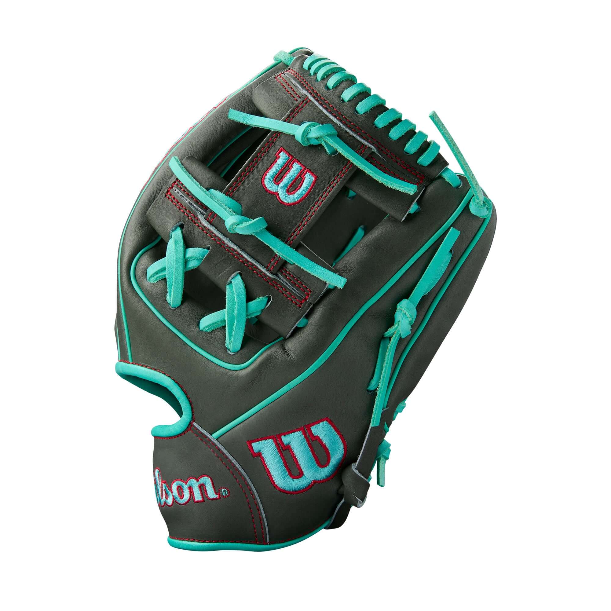 Wilson Summer 2025 A2000 1975 Infield Baseball Glove in Coal and Seafoam with Red accents, 11.75 inches.