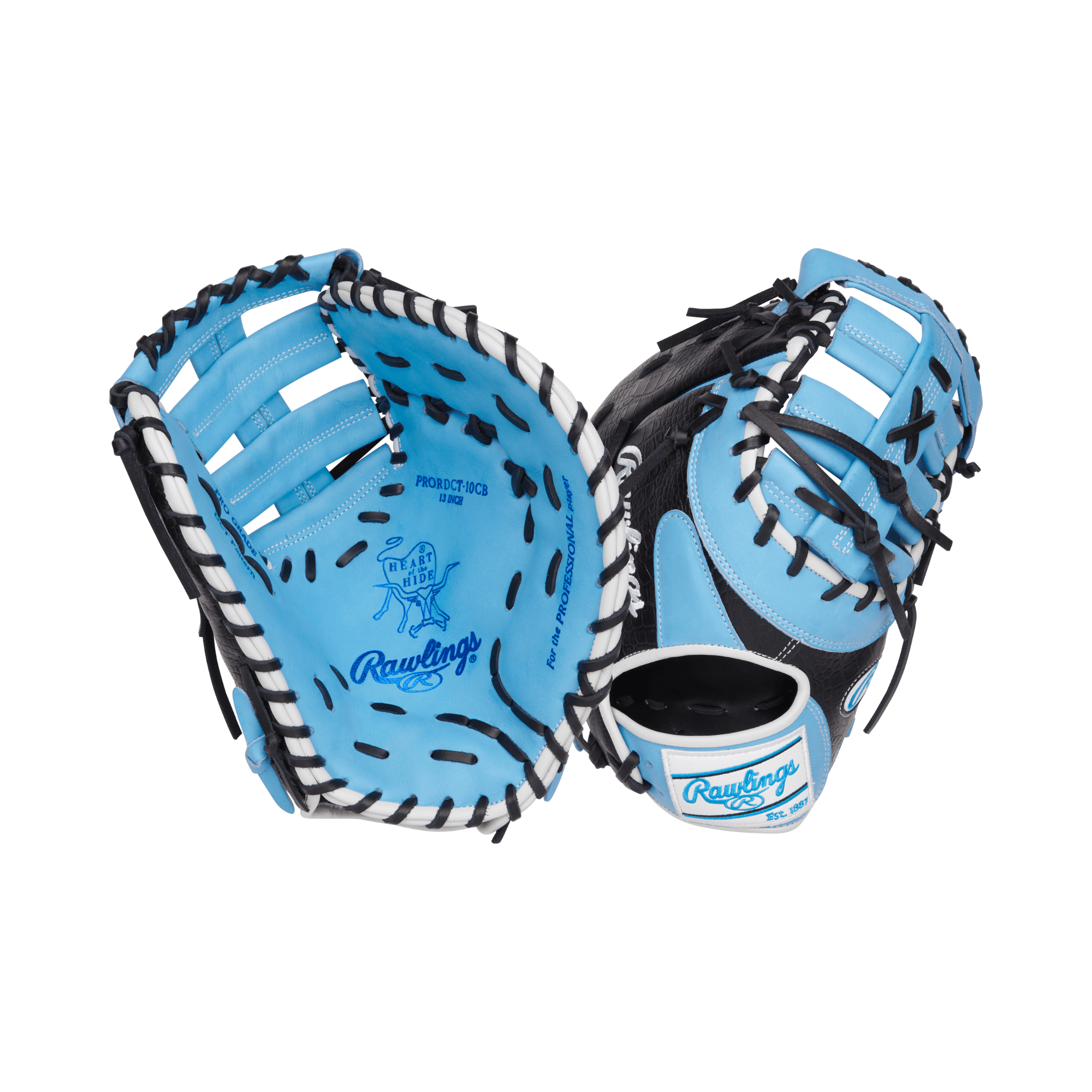 Rawlings Heart of the Hide 13" First Base Mitt in Columbia Blue and Black, showcasing durable leather and optimal pocket design.