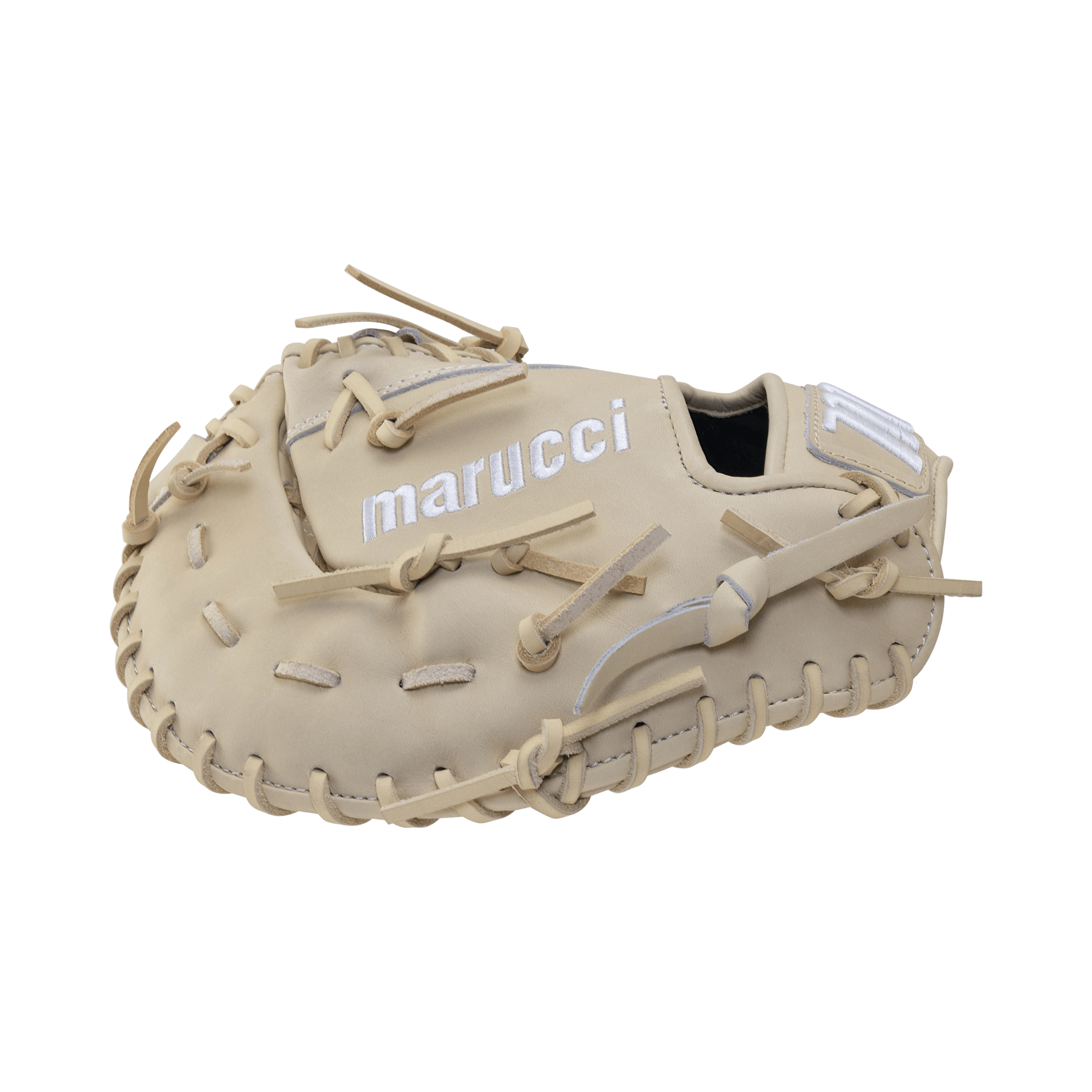 Marucci Ascension M Type 37S1 12.50 First Base Mitt in tan with integrated cushioning and moisture-wicking mesh wrist.