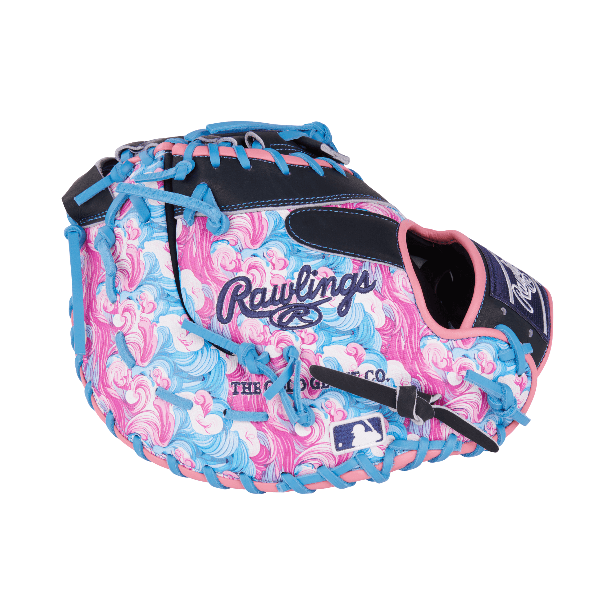 Rawlings Heart of the Hide Colorsync 9.0 First Base Mitt 13'' in vibrant pink and blue design.