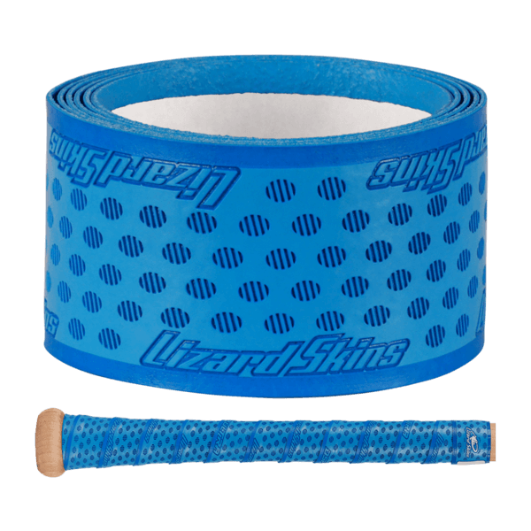 Lizard Skins DSP Ultra Bat Grip - 0.5 mm in blue with oval pattern and multi-directional ridges, shown in unrolled view.