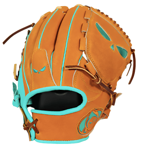 Shadow 20 Sandstorm 12" RHT glove made from Japanese Kip Leather with teal inlays and closed web design.