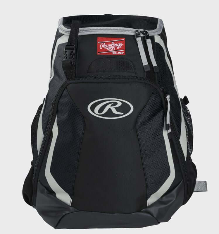 Front view of Rawlings Players Backpack in black and grey with logo patch and zippered compartments.