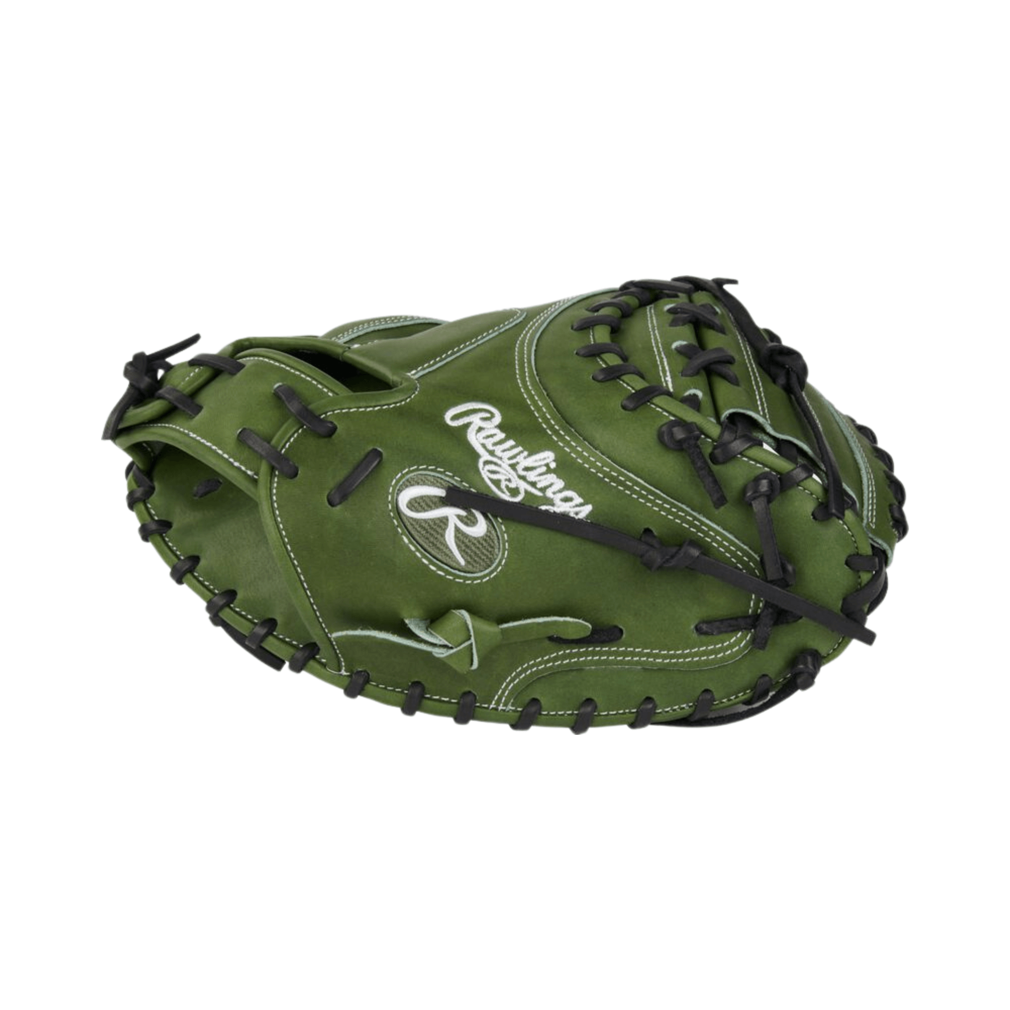 Rawlings Military Green Heart of the Hide 34" catcher's mitt with premium leather and white logo detail.