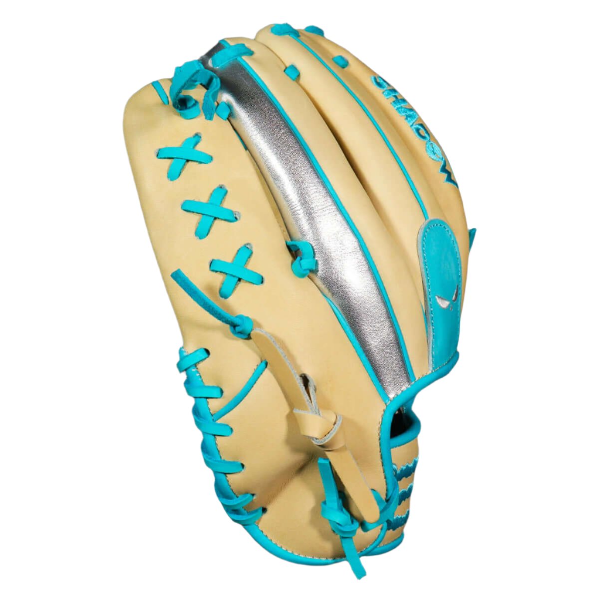 Shadow 12 Sub Zero 12" RHT pitcher's glove in blonde and Columbia blue with chrome accents and triple X lacing.