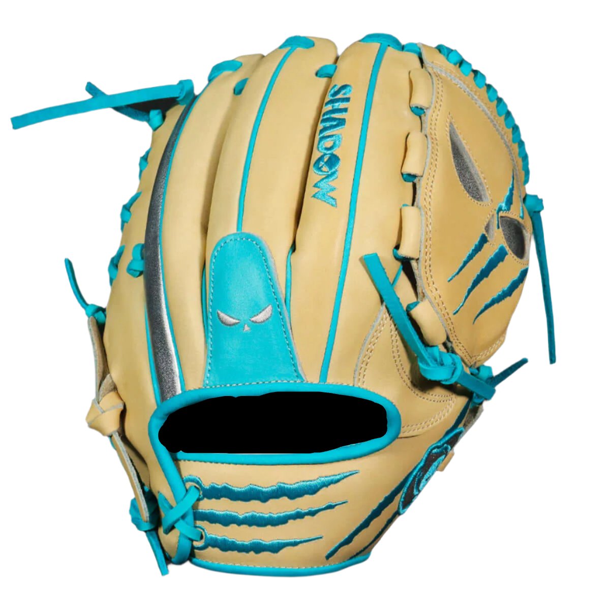 Shadow 12 Sub Zero 12" pitcher's glove in blonde Japanese Kip leather with columbia blue details and closed web design.
