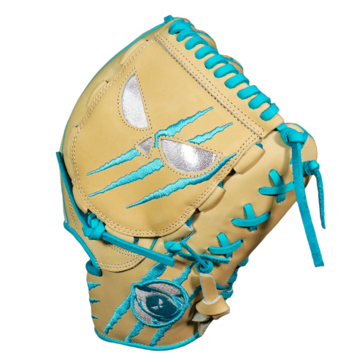 Shadow 12 Sub Zero pitcher’s glove in blonde Japanese Kip leather with blue accents and fierce design for optimal performance.