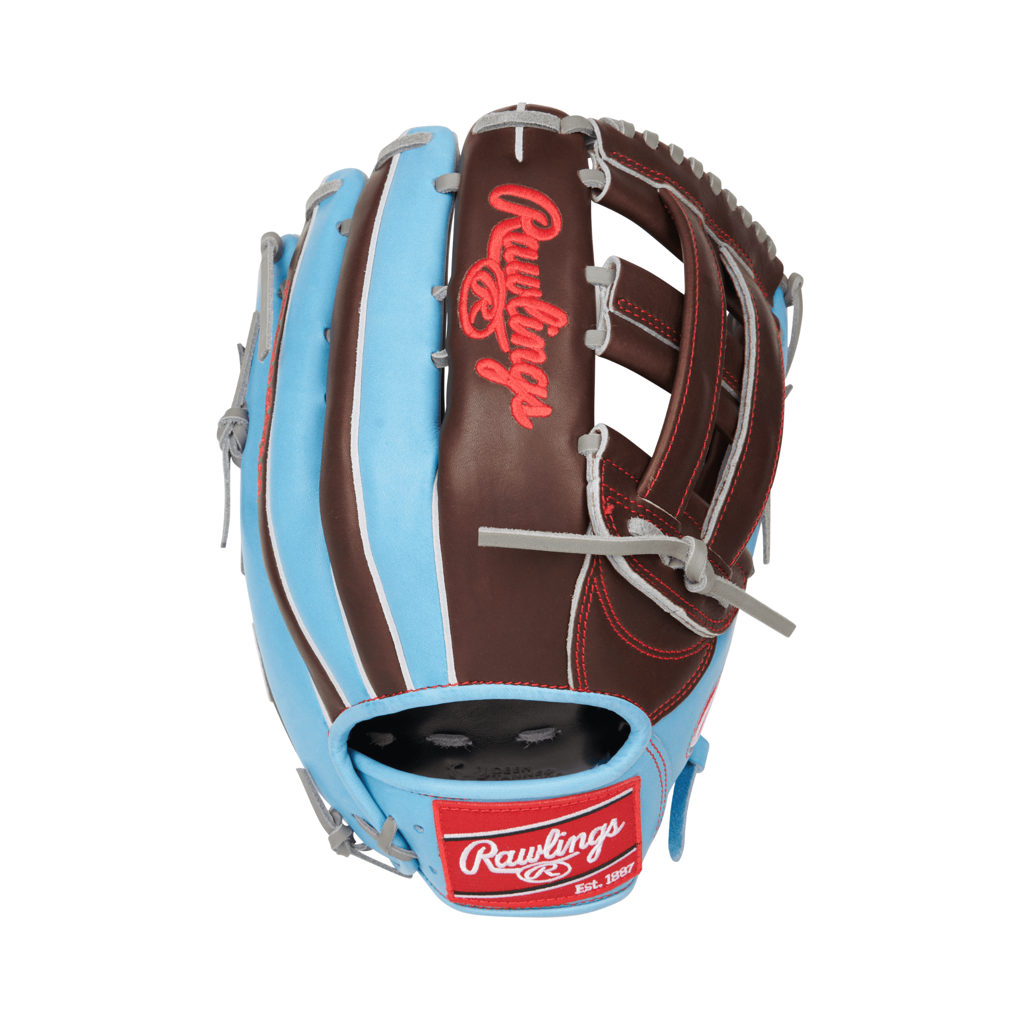 Rawlings Heart of the Hide 12.75-inch outfield glove in blue and brown, designed for right-handed throwers.