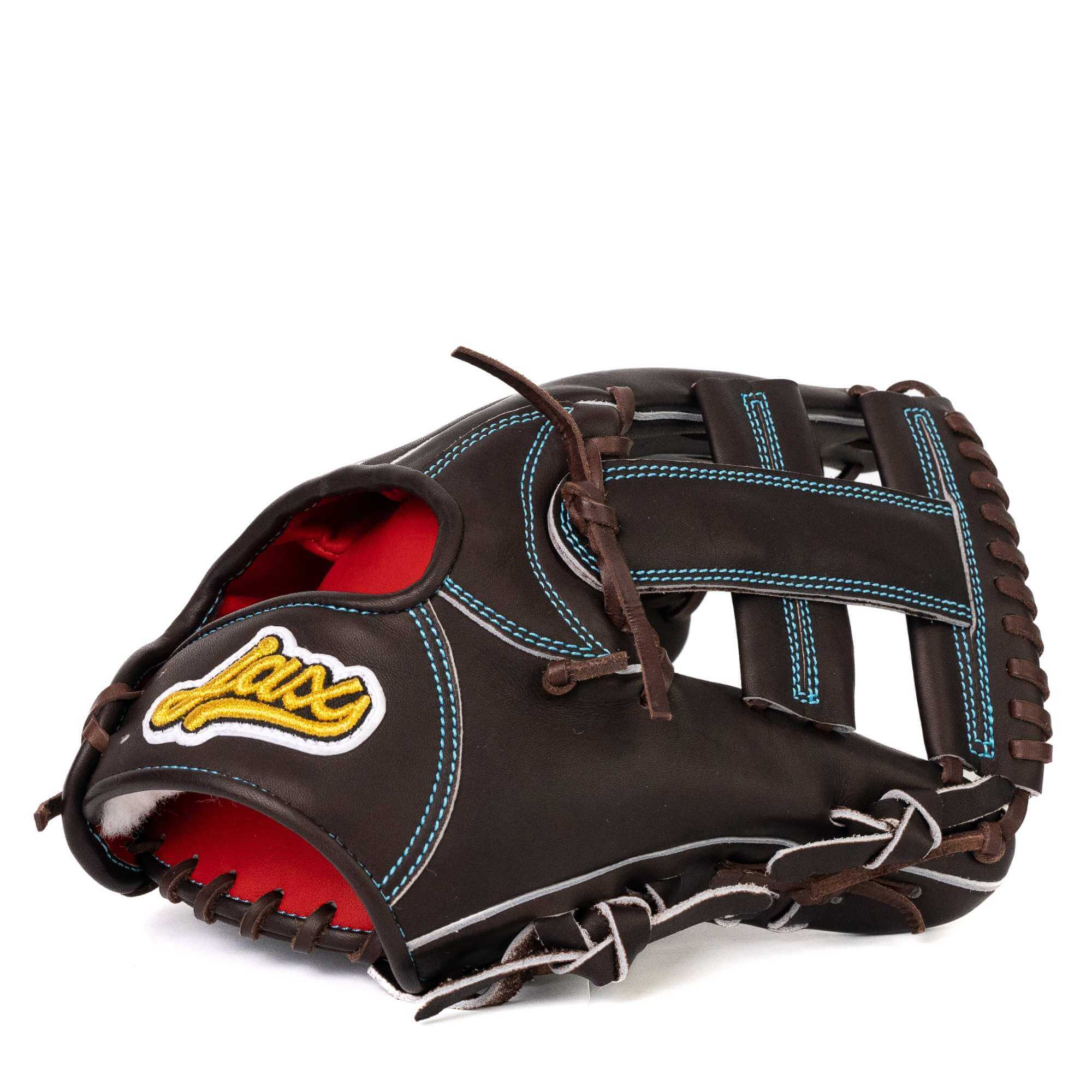 Jax EN-7 11.75" infield glove in chocolate color, featuring deep pocket, flexible design, and vibrant red lining.