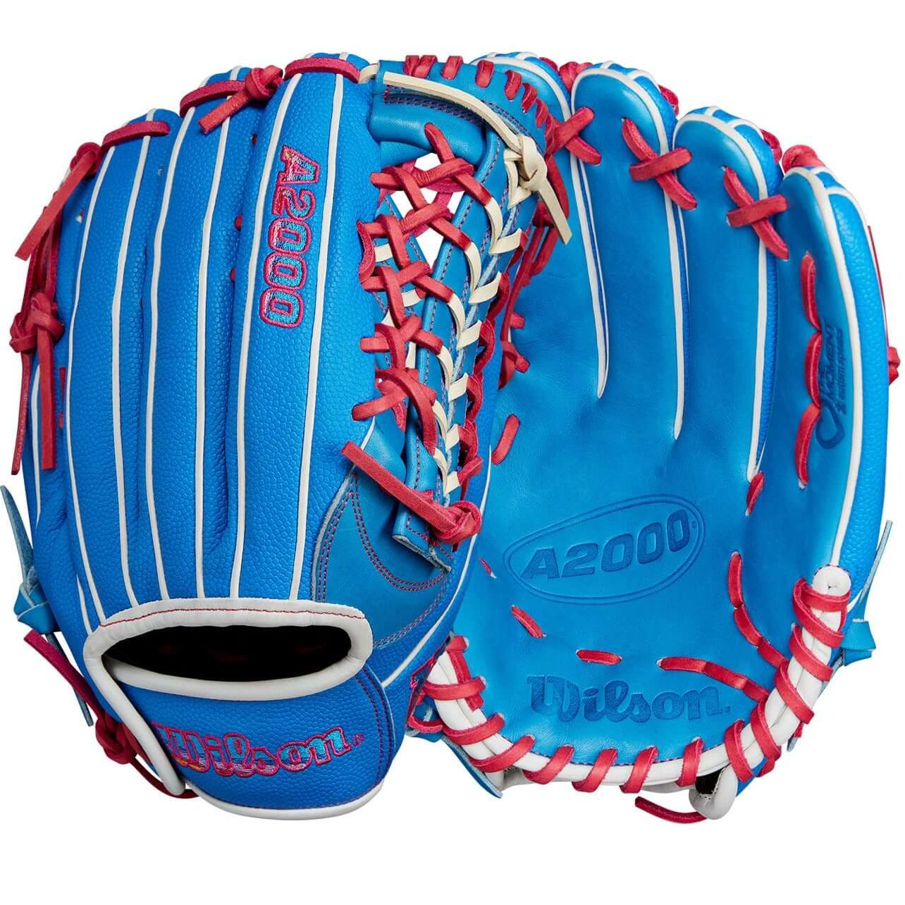 Wilson 2024 Autism Speaks A2000 PF92SS 12.25” outfield baseball glove in blue and pink, featuring Pedroia Fit for secure grip.