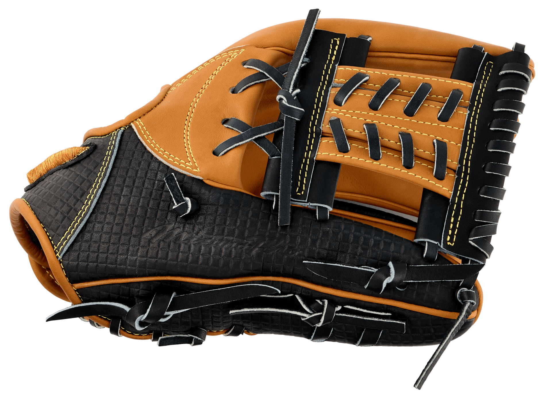 View of left side and black Deguchi thumb on Mizuno Pro Haga Shogun Glove