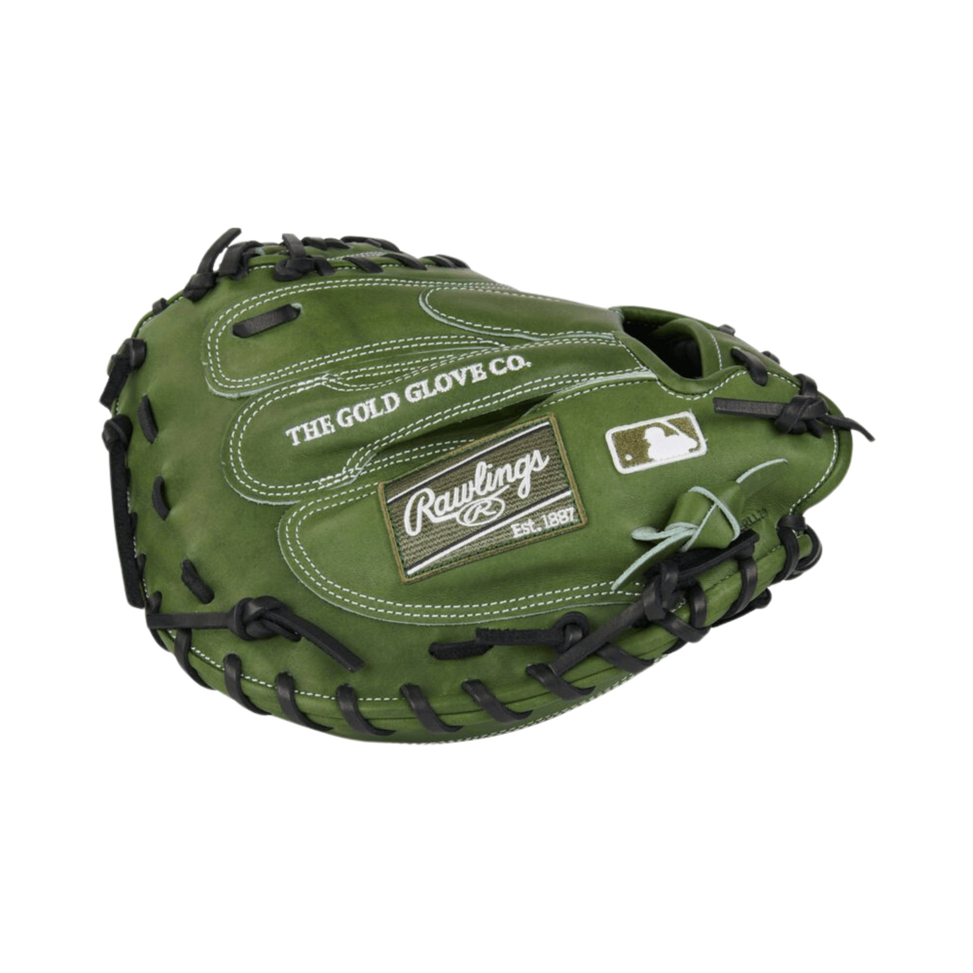 Rawlings Military Green Heart of the Hide 34" Catchers Mitt showcasing premium leather and unique color design.