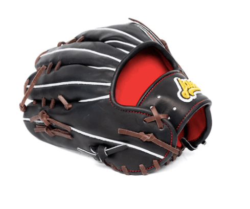 Jax LJ-10 12.5-inch black outfield glove with red palm liner and brown lace accents.