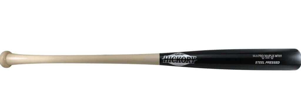 Side profile view of Old Hickory Steel Pressed MT27 Wood Baseball Bat with black barrel and light handle.