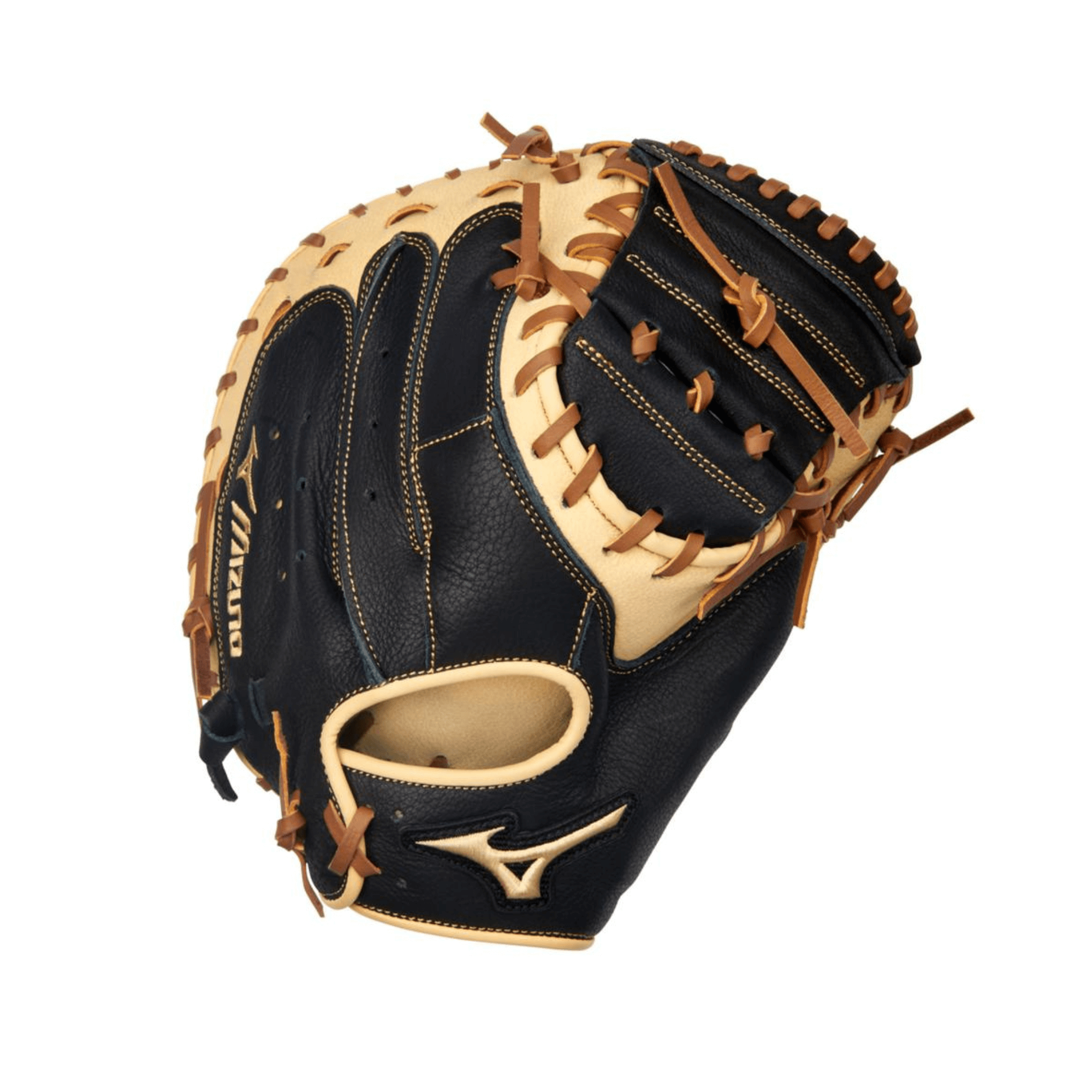Mizuno GXC95Y3 Samurai youth baseball catcher's mitt in black and almond, featuring thumb protection for players.