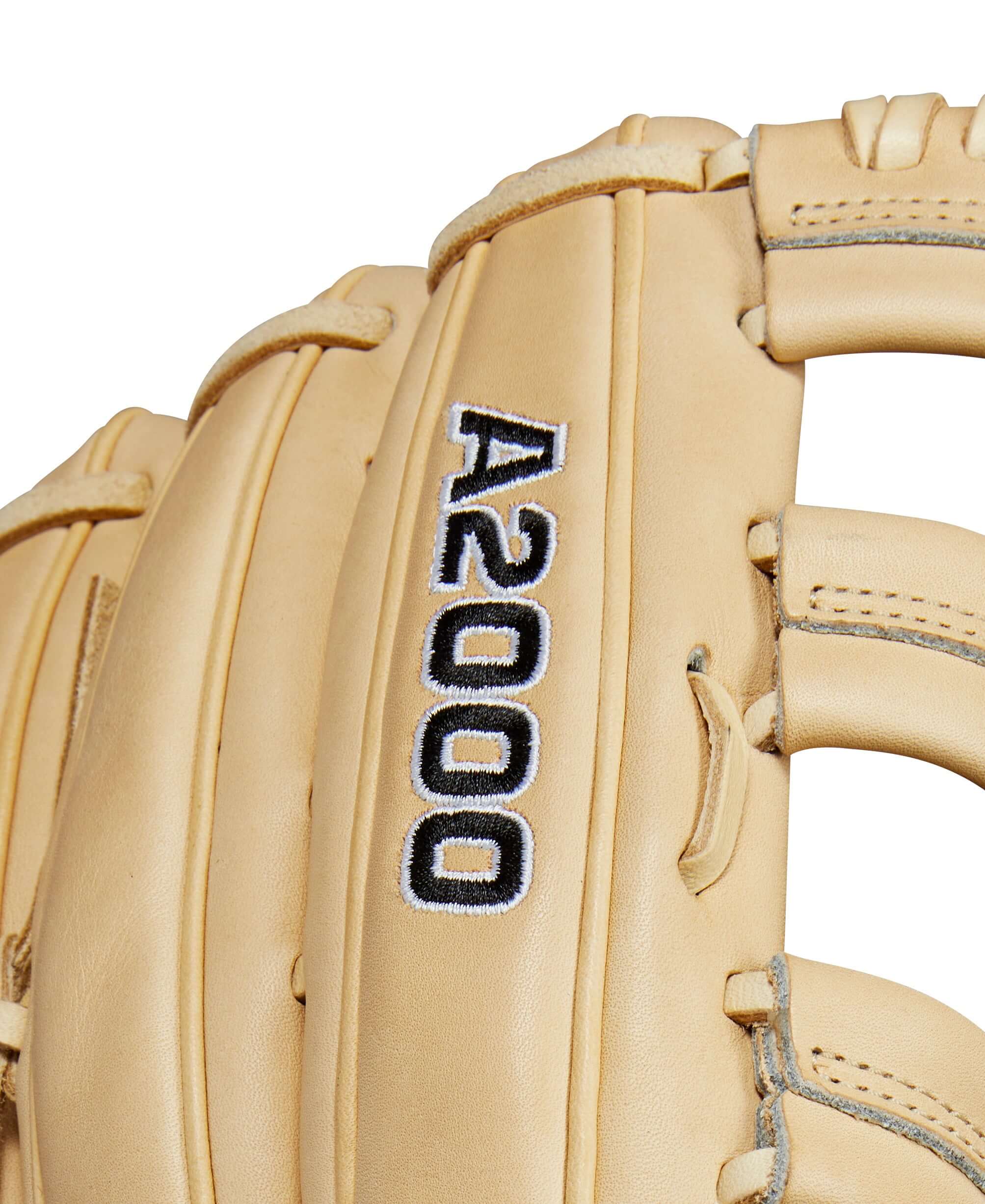 Close-up of Wilson A2000 1810 baseball glove in blonde leather, showcasing quality stitching and craftsmanship.