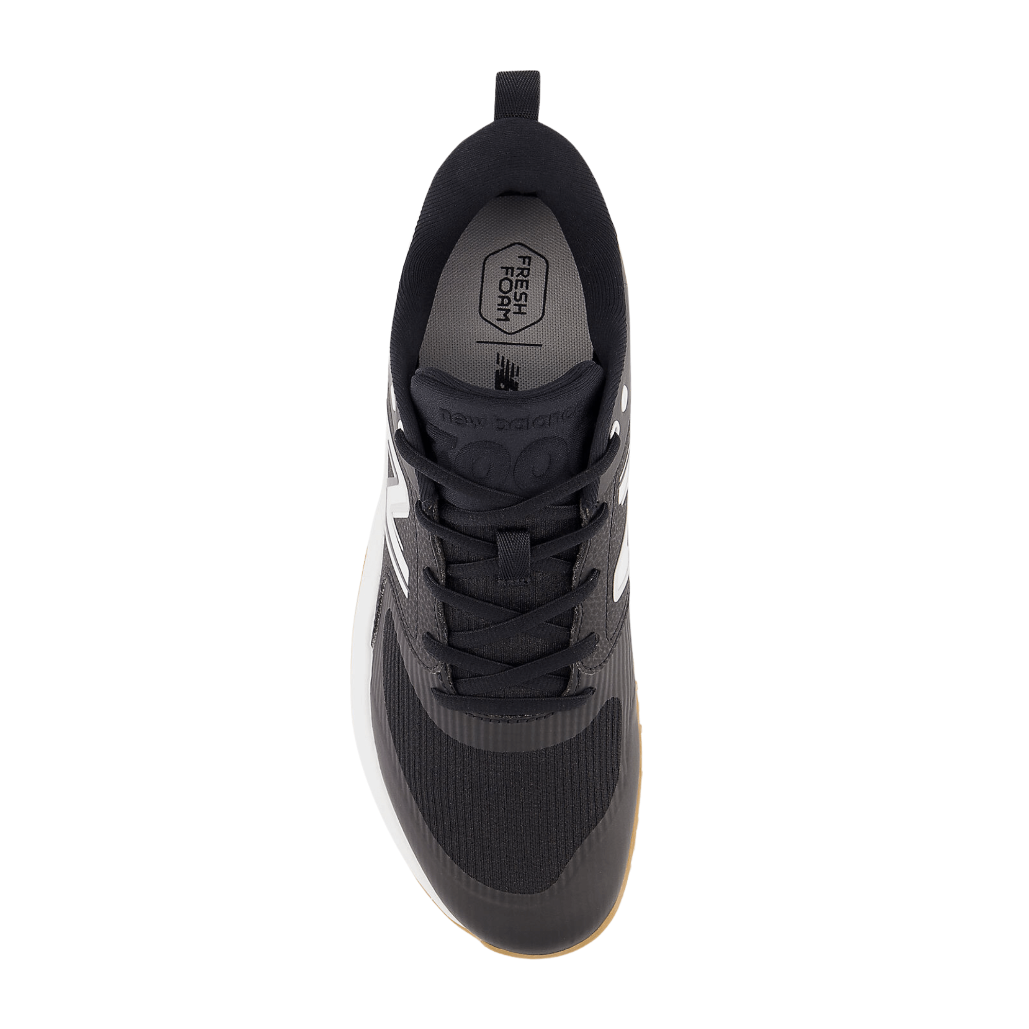 Top view of New Balance Fresh Foam 3000 v6 Turf-Trainer in black, featuring a synthetic/mesh upper for comfort and style.