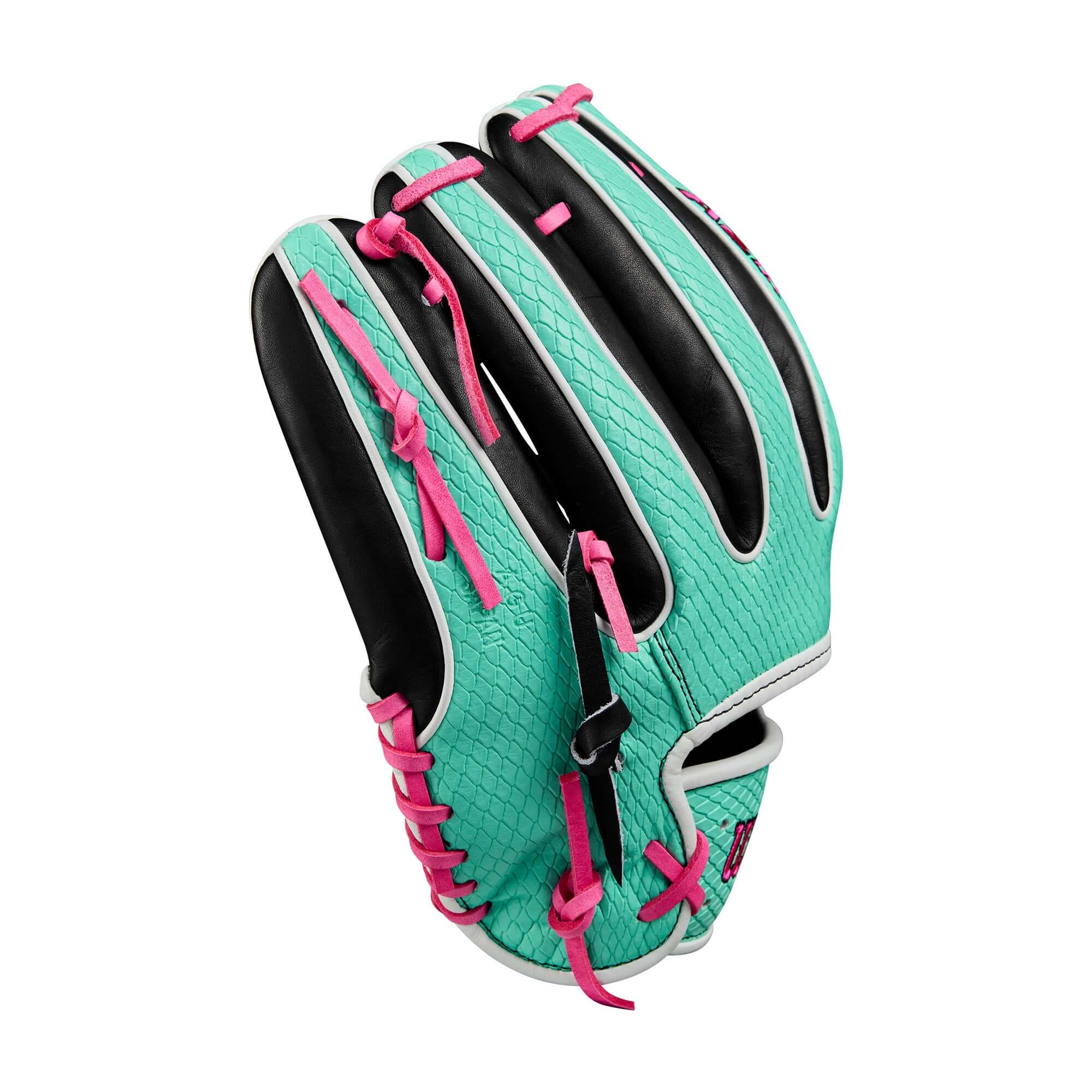 Wilson Summer 2025 A2K 1720SS infield baseball glove in black, seafoam, and flamingo colors.