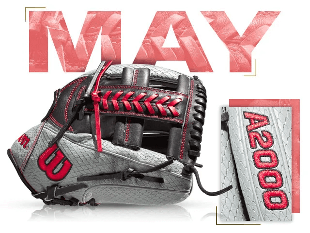 Wilson A2000 1785 SS glove for May 2020 featuring a grey design with red accents and custom stitching.