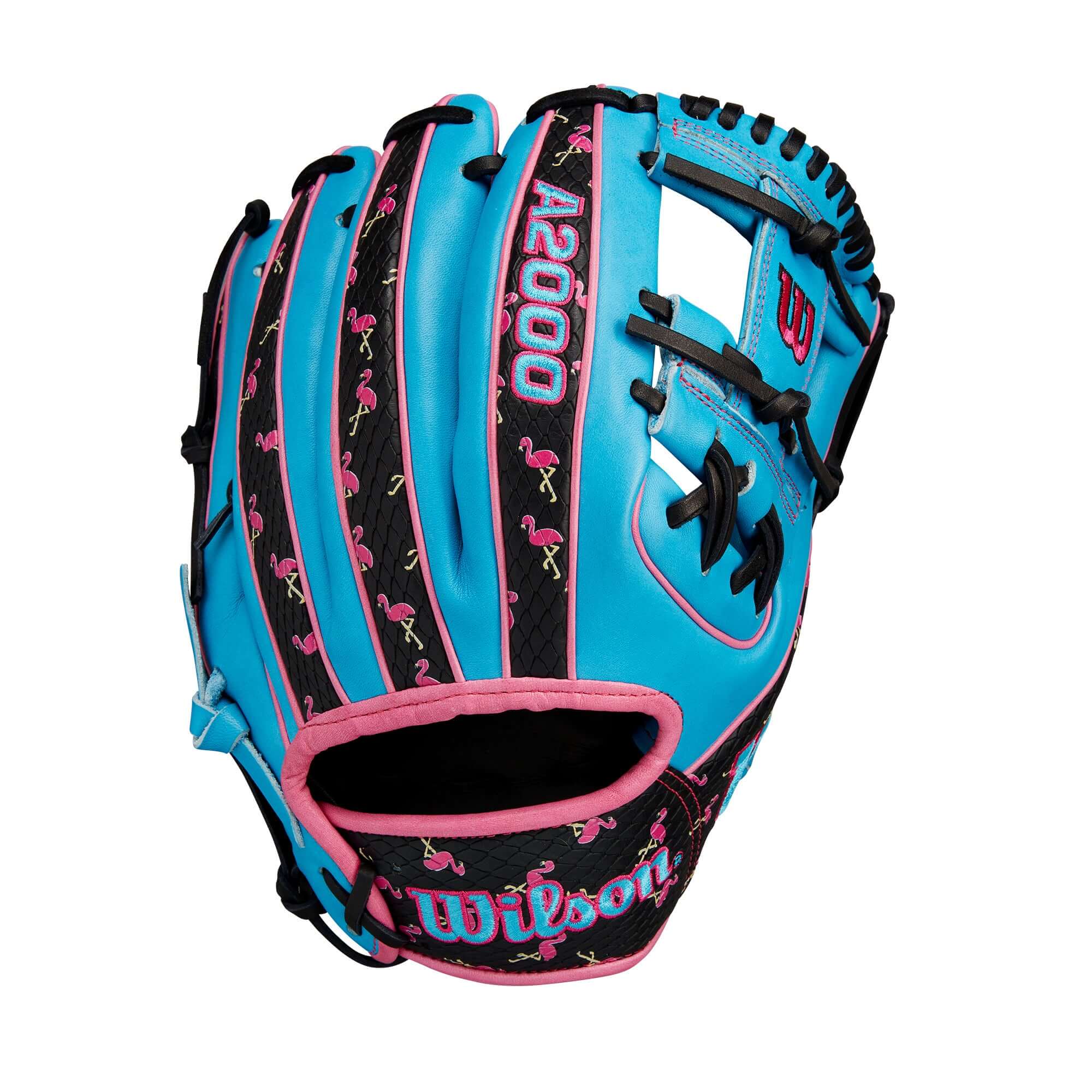 Wilson A2000 1786 March 2024 GOTM glove in Tropical Blue with Black SuperSnakeSkin and pink Flamingos, 11.5” design.