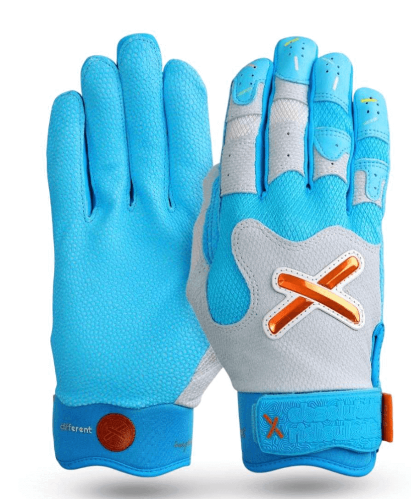 Front view of Absolutely Ridiculous pushin' p whiteout batting gloves showing blue material and orange accents