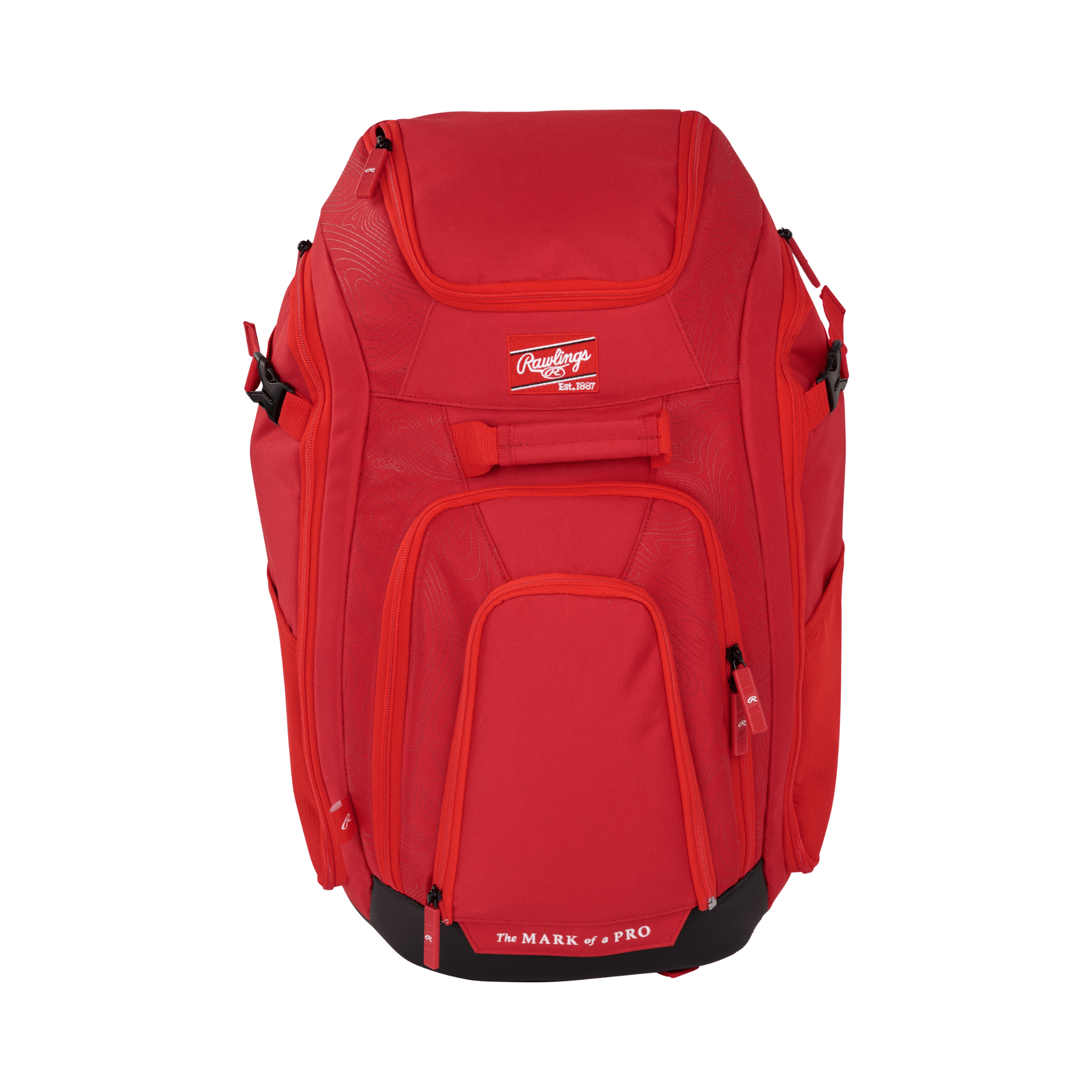 Front view of Rawlings Legion 2 Players Backpack in red with multiple compartments and black accents.