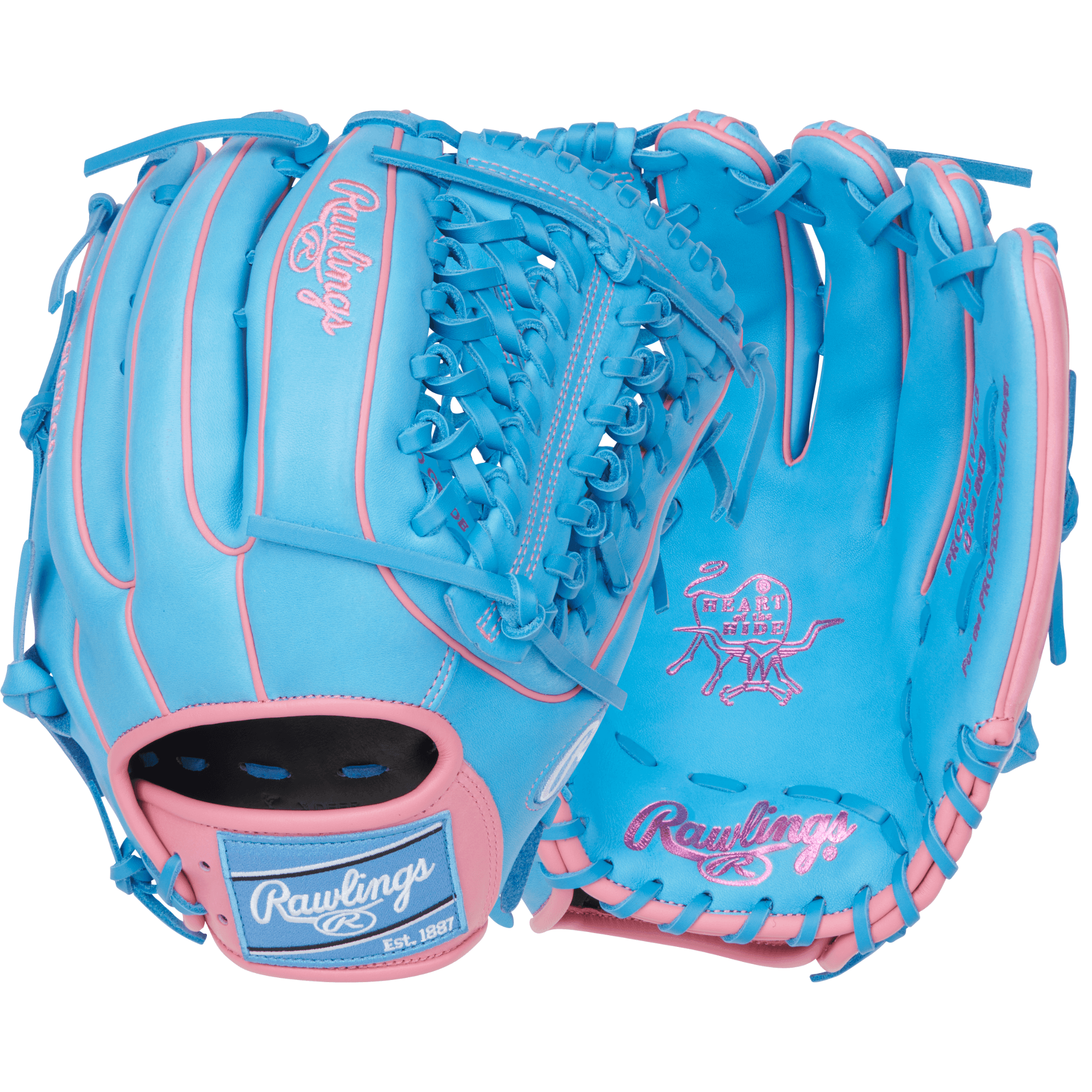 Rawlings Heart of the Hide 12.75" Columbia Blue/Pink outfield glove front and back view with 331 pattern and Modified Trap-Eze® web