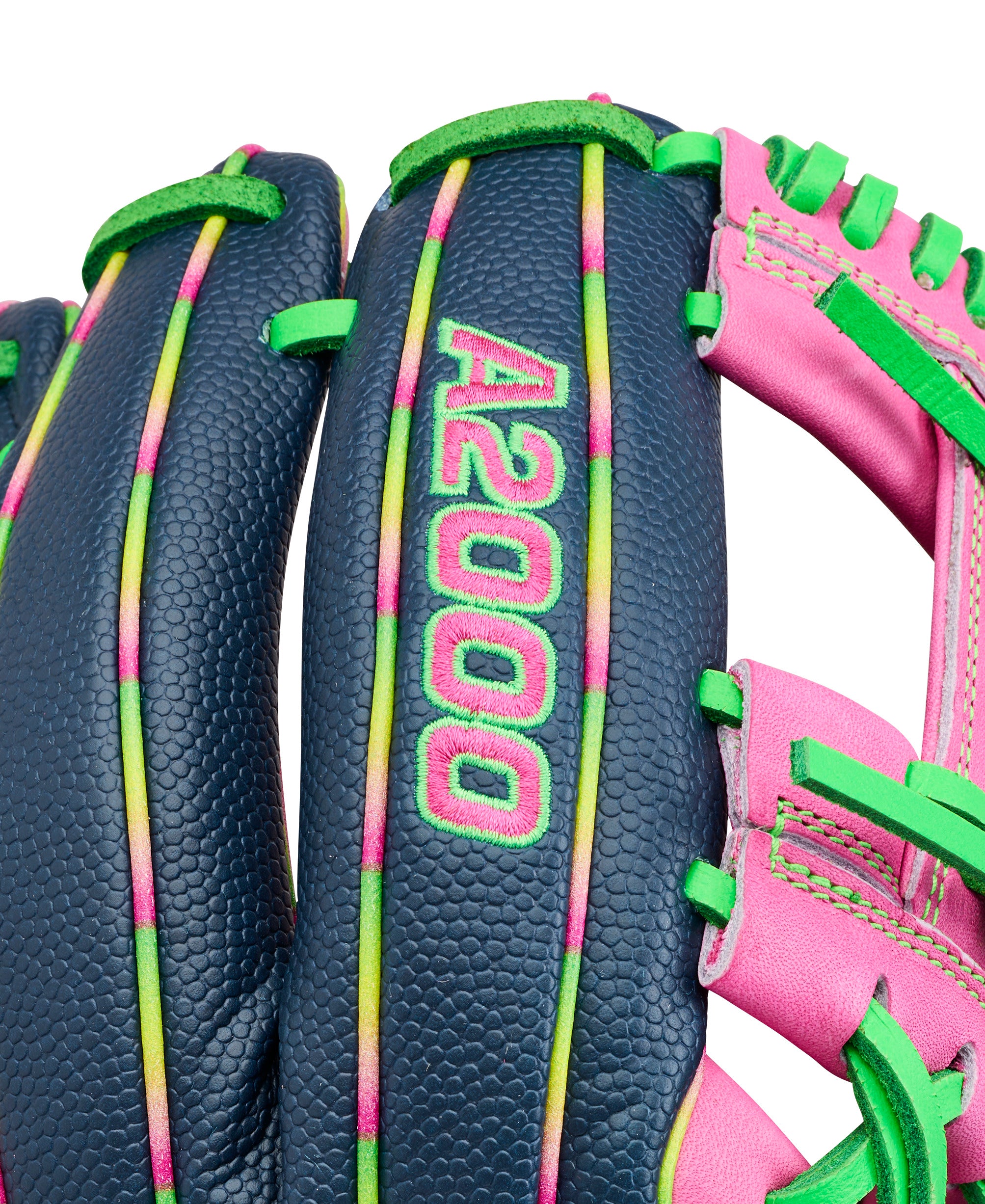 Wilson A2000 1724 Baseball Glove with navy, flamingo pink, and neon green design, June 2026 Glove of the Month edition.
