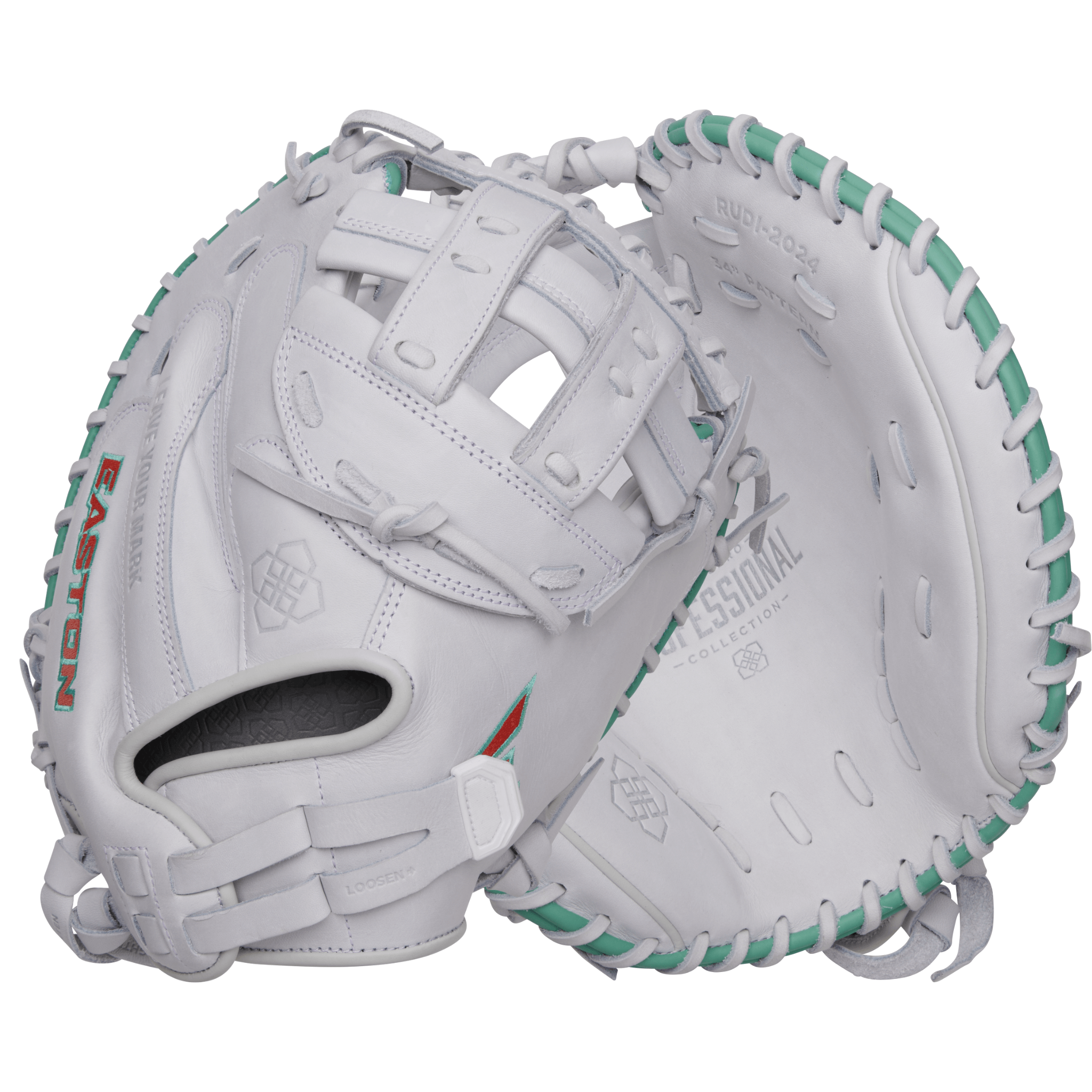 Easton Professional Collection J. Schro 34" softball glove in white with teal and orange details, featuring secure H-web design.