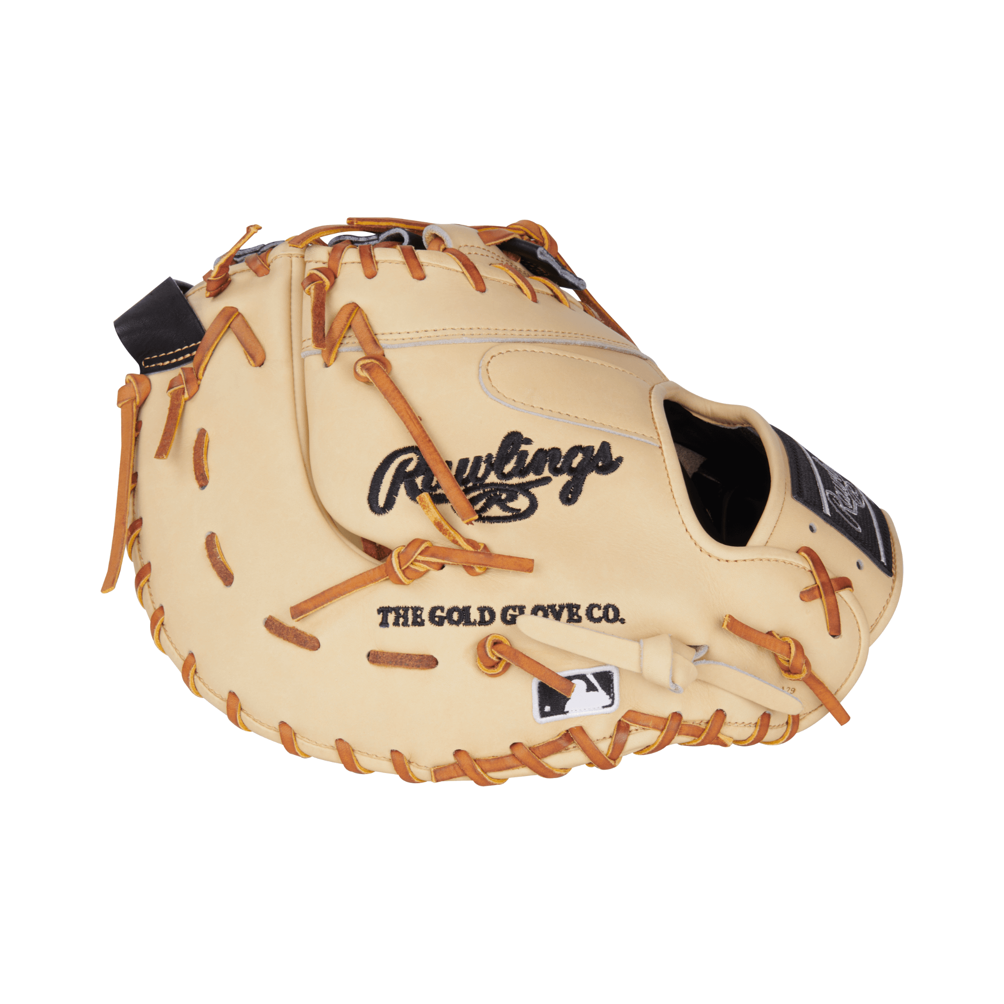 Rawlings Heart of the Hide 13" First Base Mitt in camel and black, designed for superior ball control and durability.