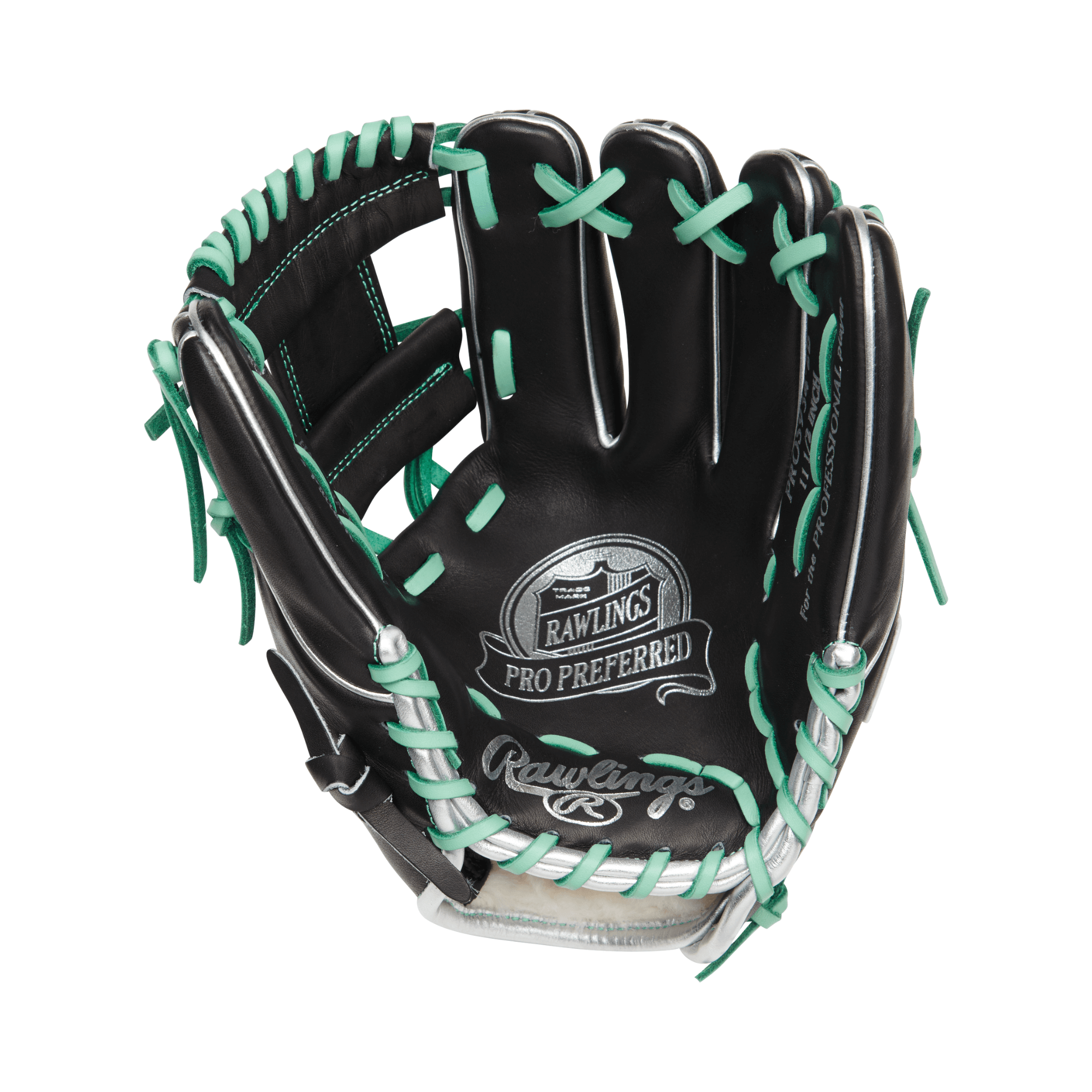 Rawlings Pro Preferred 11.5" infield baseball glove in black and green, crafted from premium kip leather for performance.