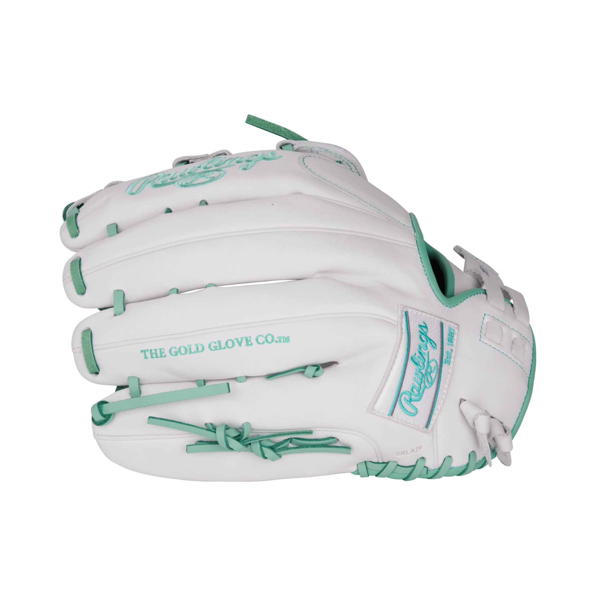 Rawlings Liberty Advanced Softball Glove White 13-inch RHT with teal accents, ideal for fastpitch players.