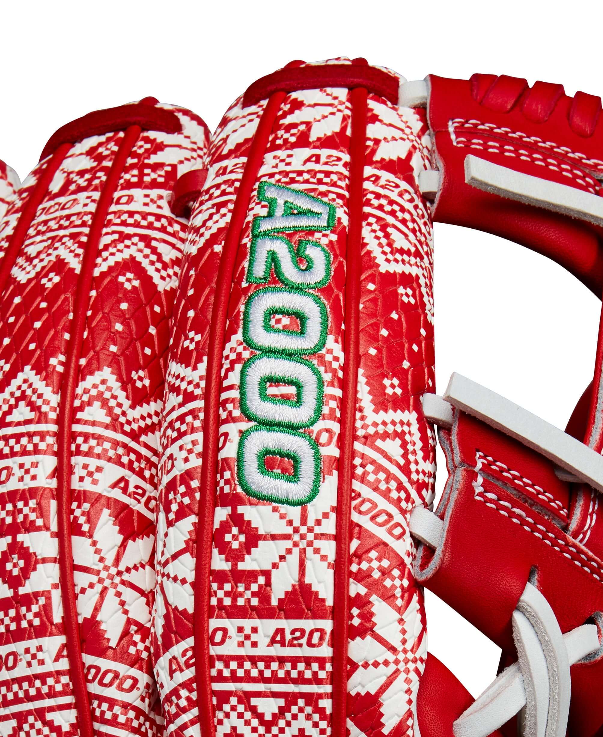 A2000 December 2024 glove close-up showing red and white holiday sweater design with bold green logo.