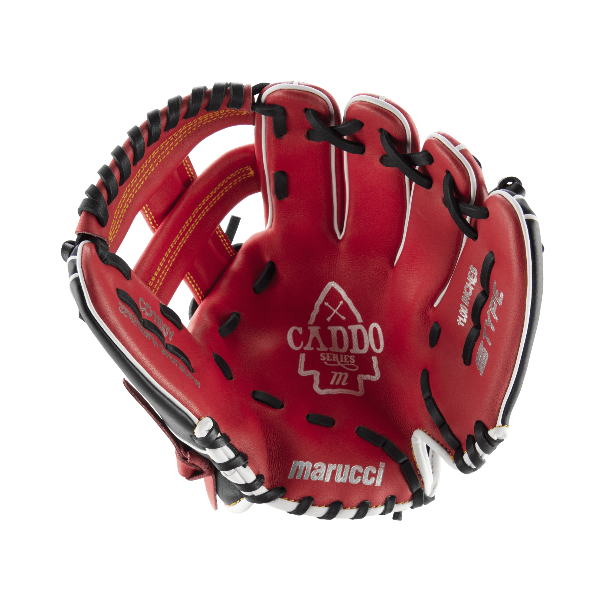 Marucci Caddo Series V2 11.00 single post glove in red, showcasing full-grain leather and adjustable fit features.