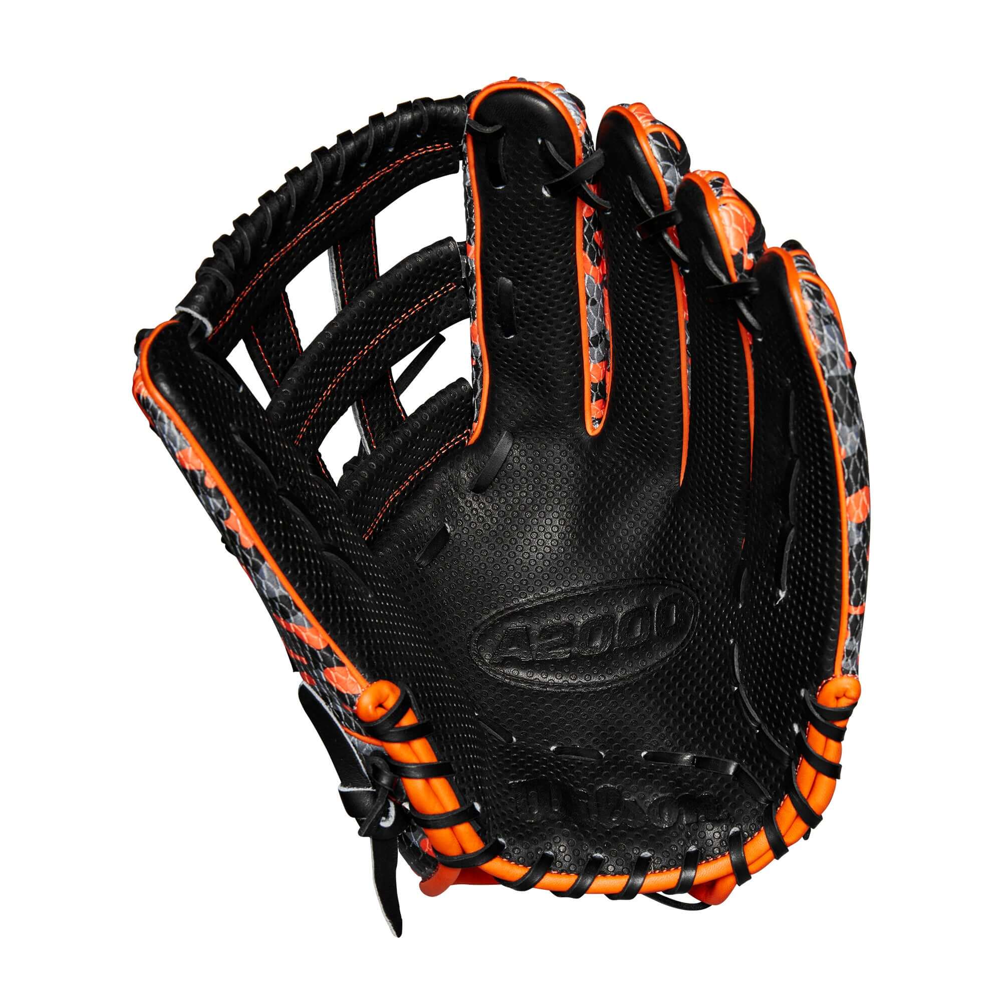 Wilson A2000 1777 glove in orange, black, and grey camouflage, featuring Spin Control Technology and a 12.75" size.