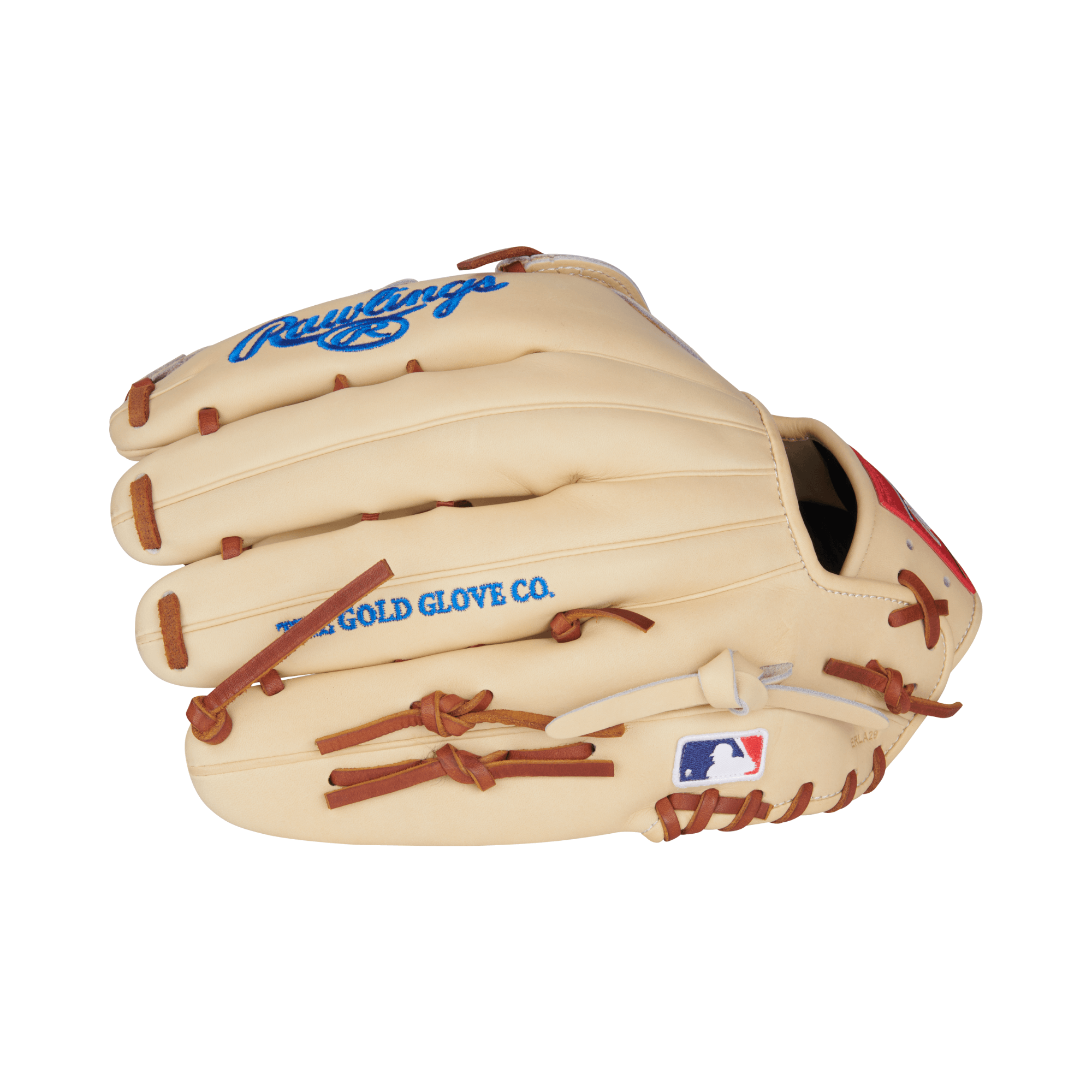 Rawlings Heart of the Hide 12.75" outfield glove in camel leather with royal blue and scarlet red accents.