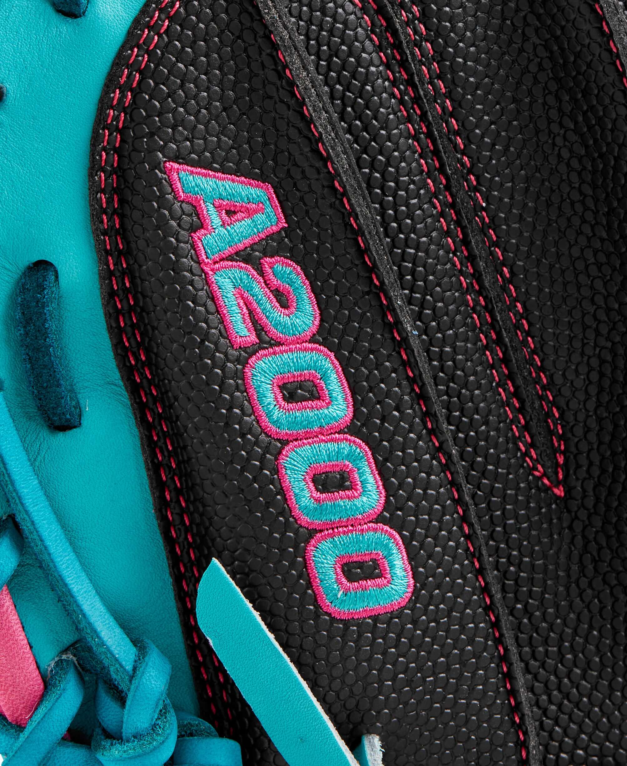 Close-up of Wilson A2000 catcher's mitt showcasing black and teal Pro Stock leather with bright pink stitching.