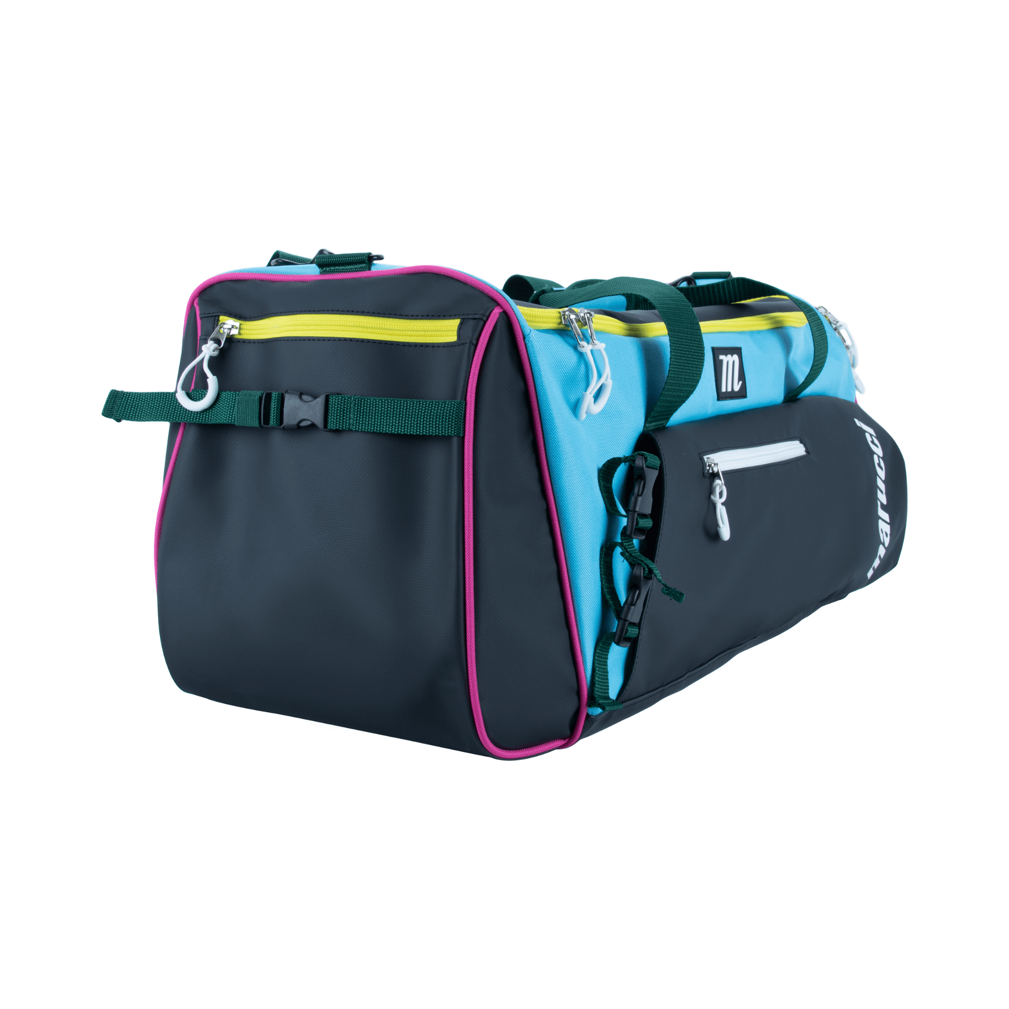 Marucci Pro Utility Duffel Bag V3 in black, teal, and yellow, showcasing durable canvas and spacious design for gear organization.