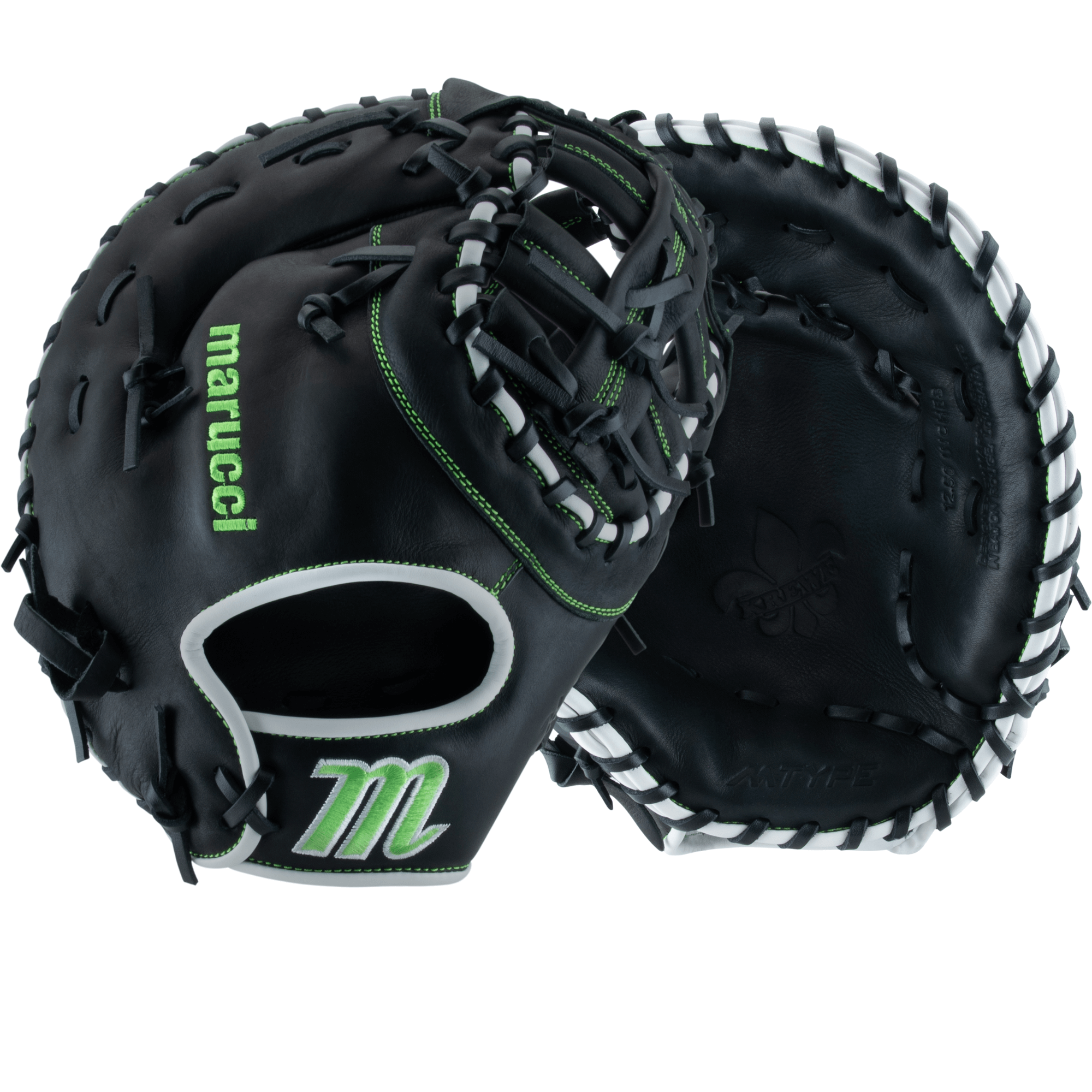 Marucci Krewe M Type 37s1 12.5" First Base Mitt, front and back showcasing two bar post design and quality leather.