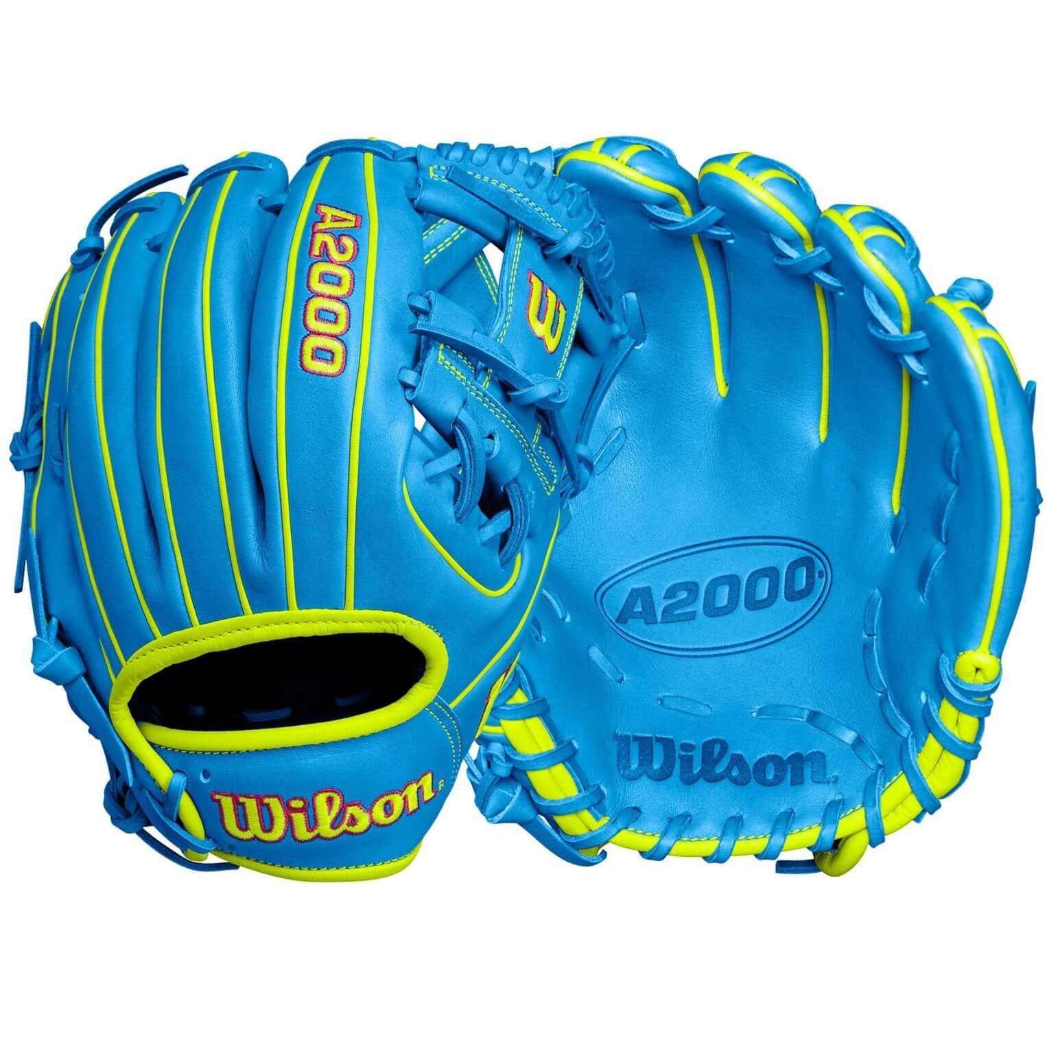 Wilson A2000 1786 infield baseball glove in sky blue/optic, 11.5" size, ideal for infield positions.